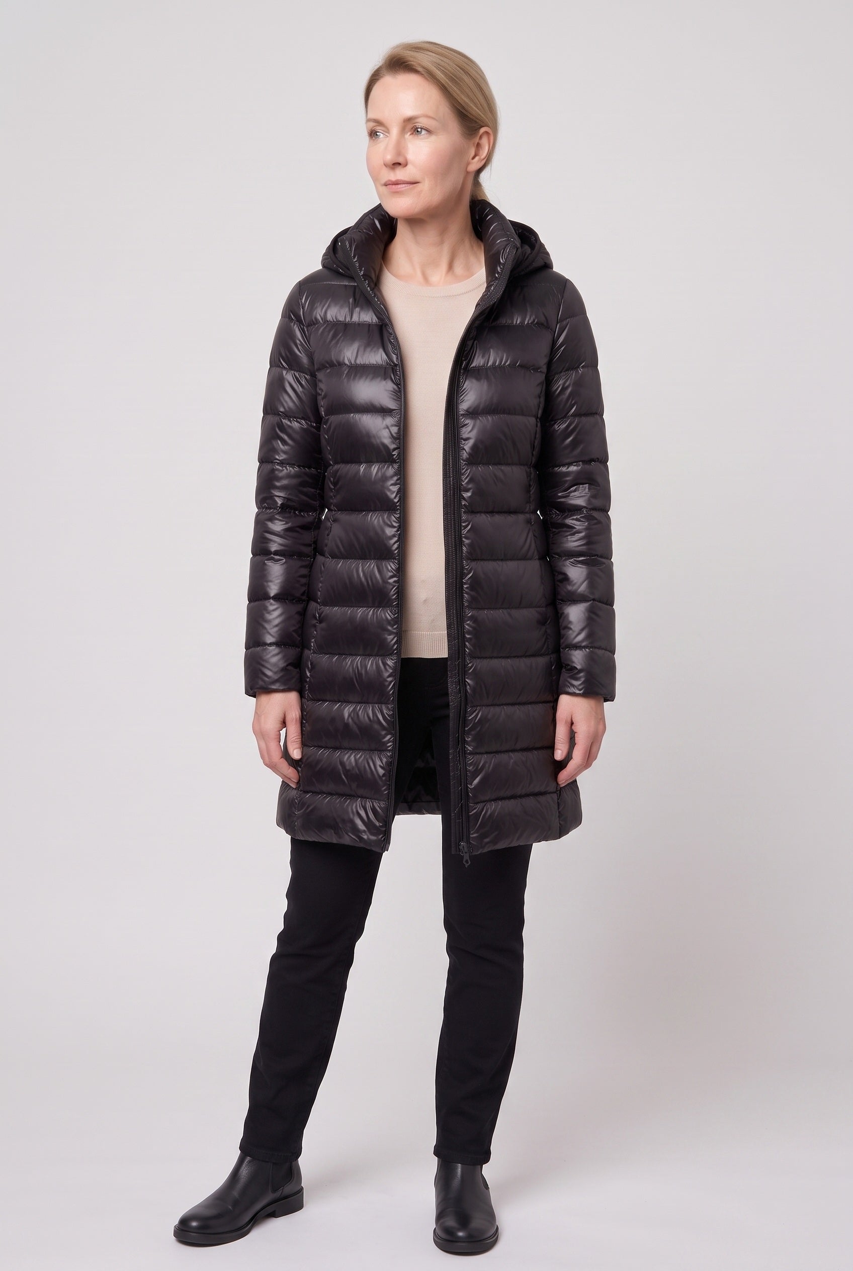 Women's Hooded Longline Puffer Jacket with Zip Front