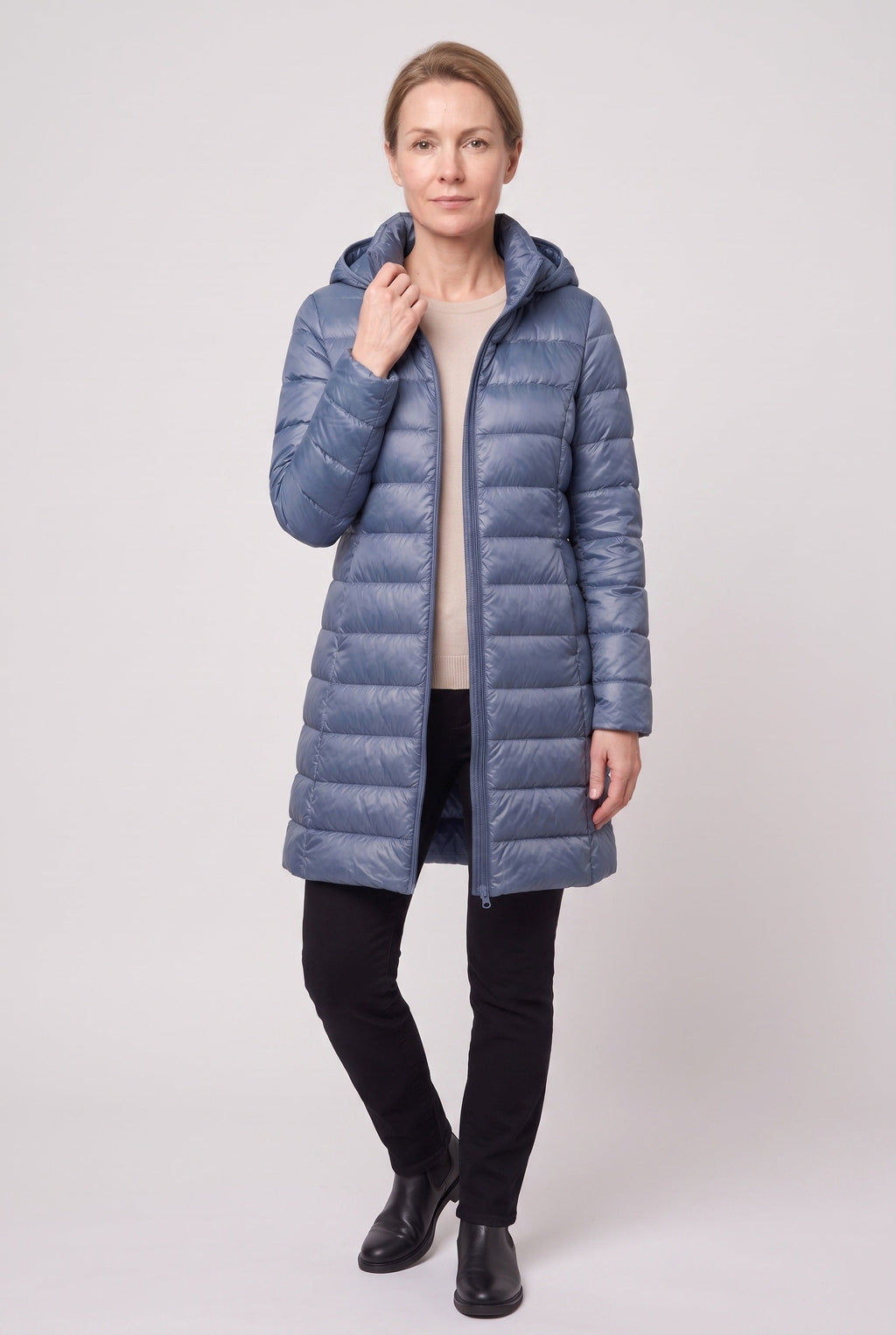 Women's Hooded Longline Puffer Jacket with Zip Front