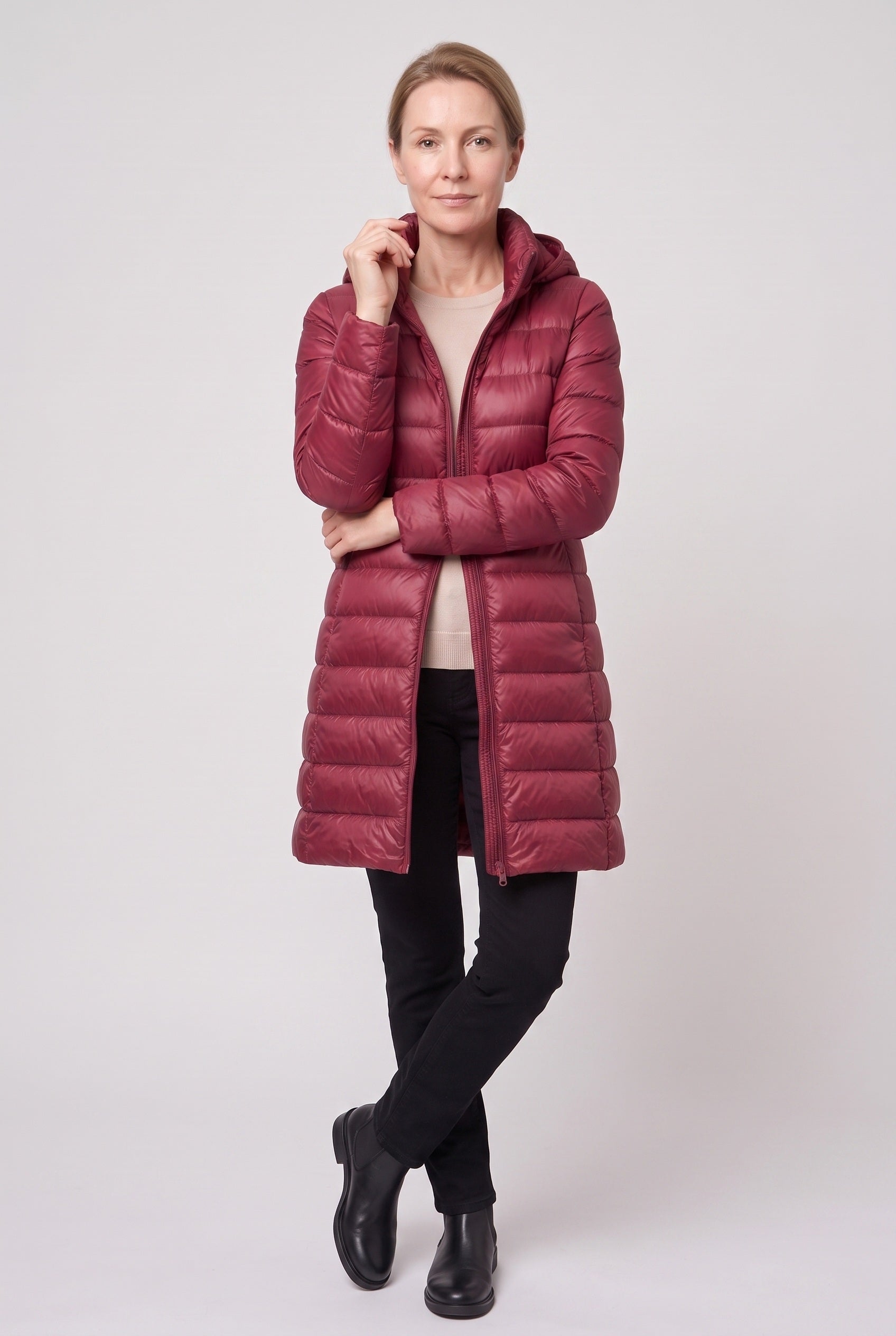 Women's Hooded Longline Puffer Jacket with Zip Front