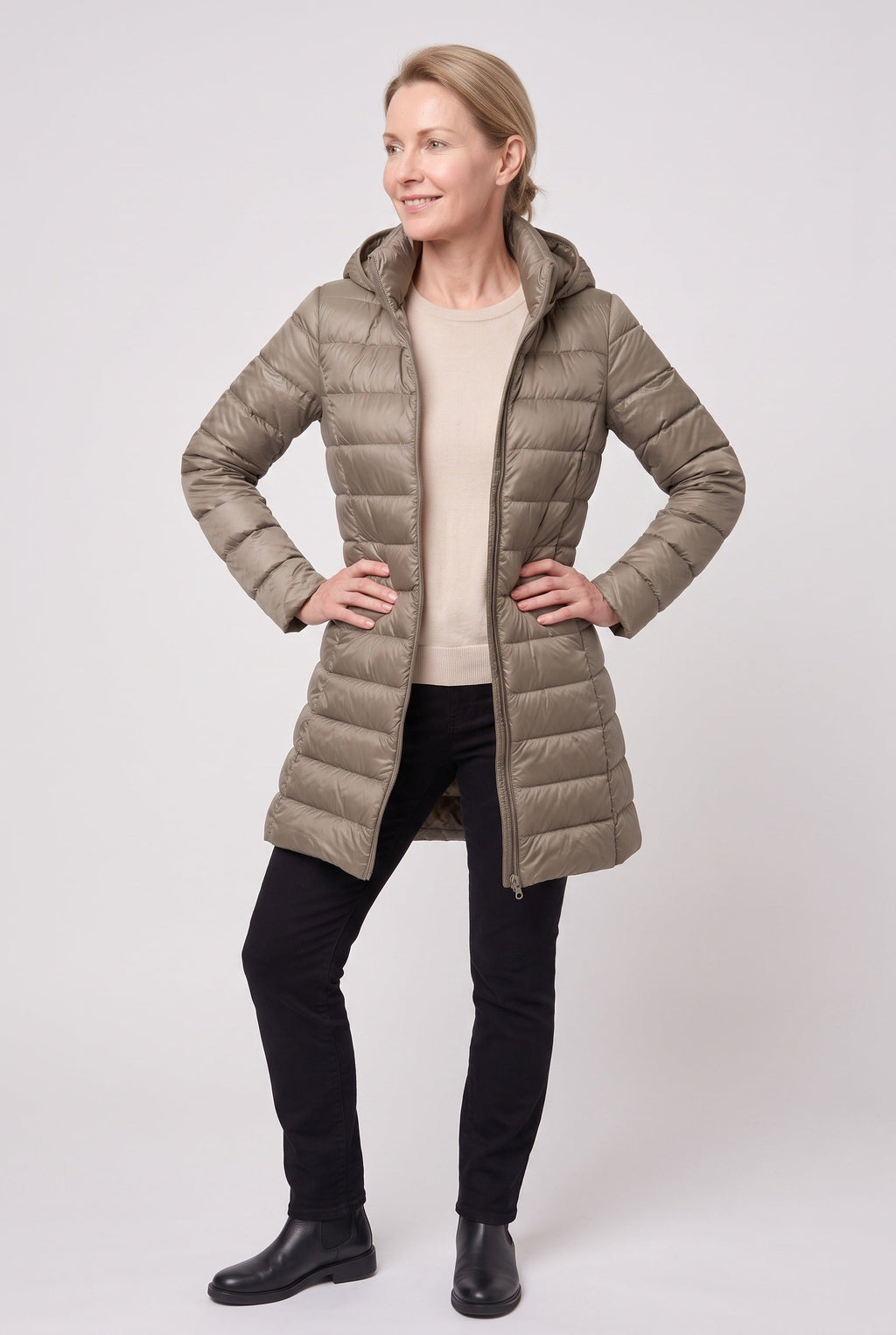 Women's Hooded Longline Puffer Jacket with Zip Front