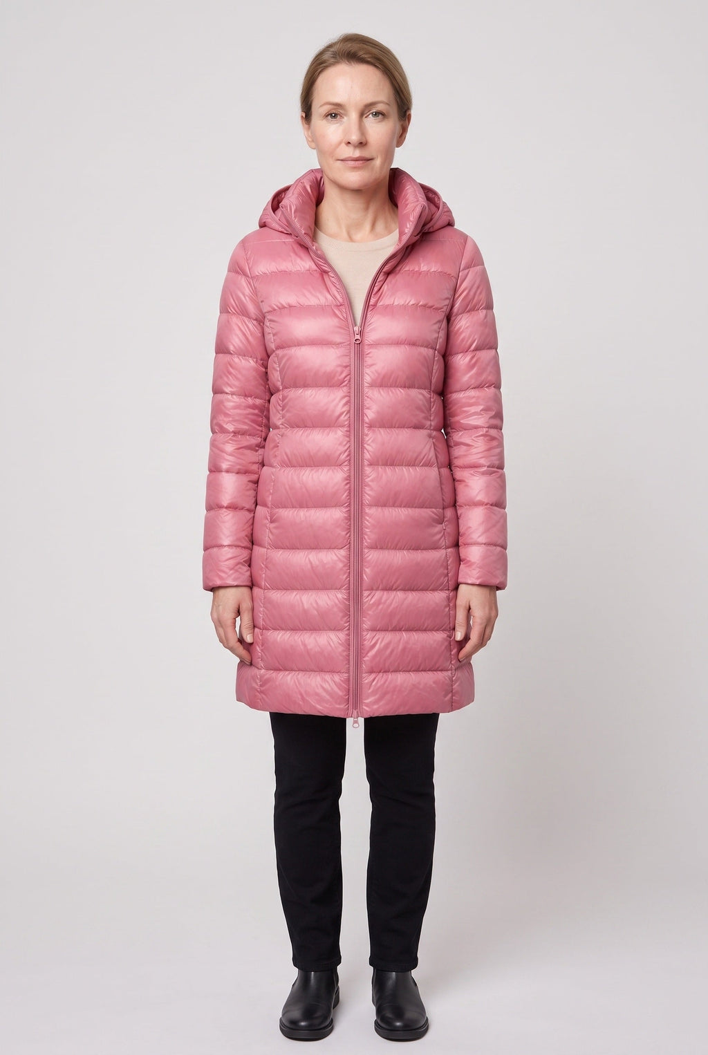 Women's Hooded Longline Puffer Jacket with Zip Front