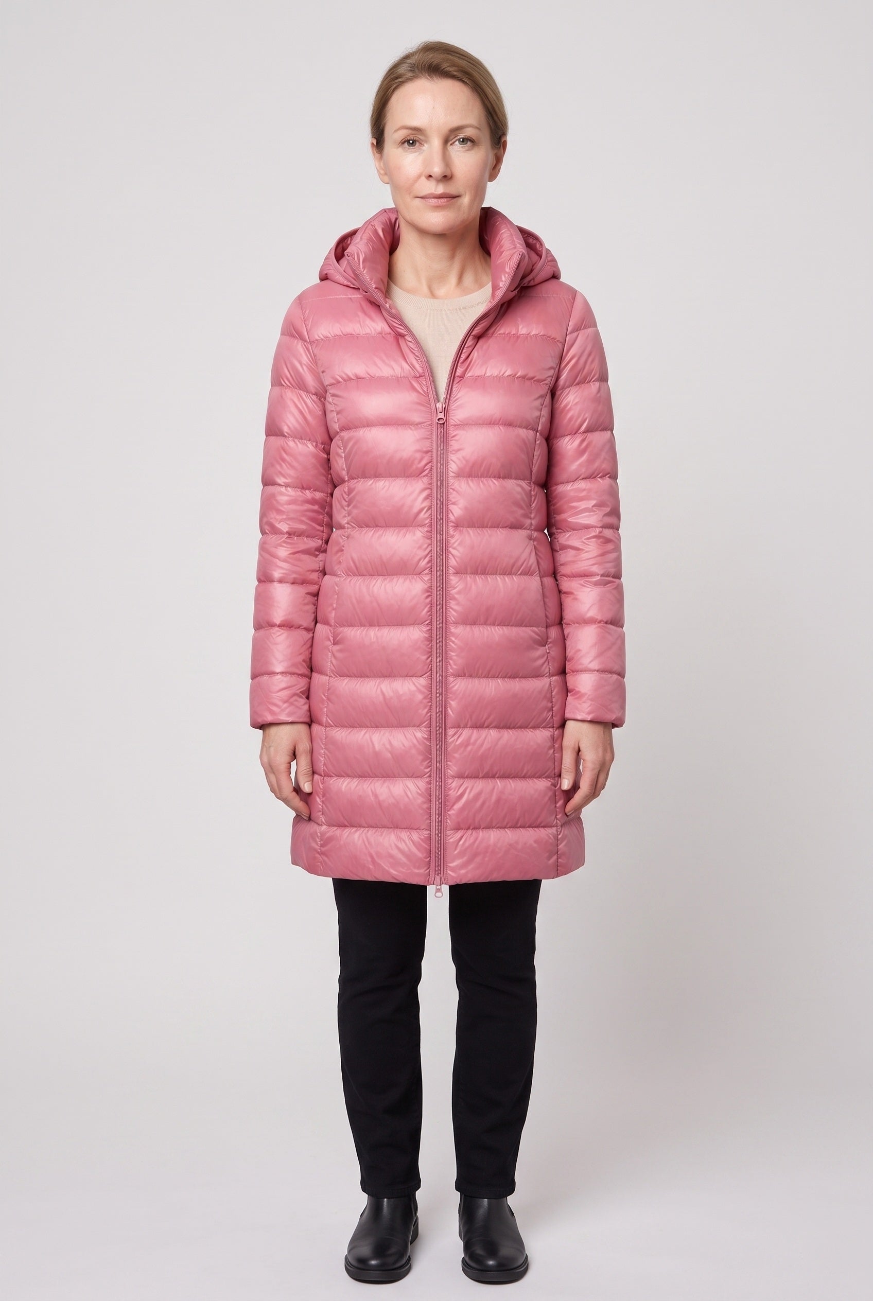 Women's Hooded Longline Puffer Jacket with Zip Front