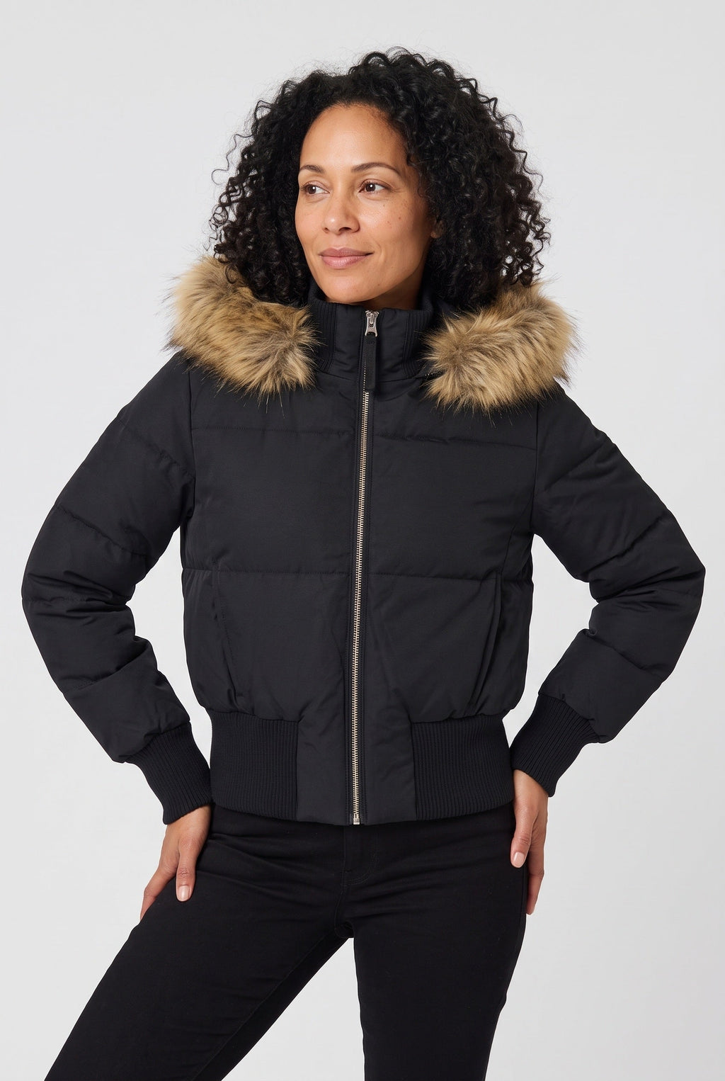 Women's Cropped Puffer Jacket with Faux Fur Hood and Zip Front