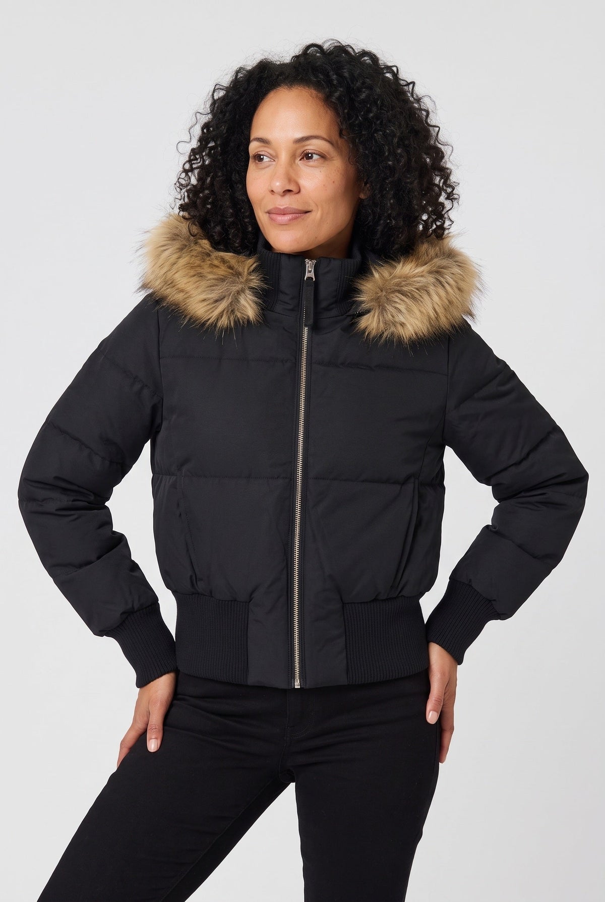 Women's Cropped Puffer Jacket with Faux Fur Hood and Zip Front