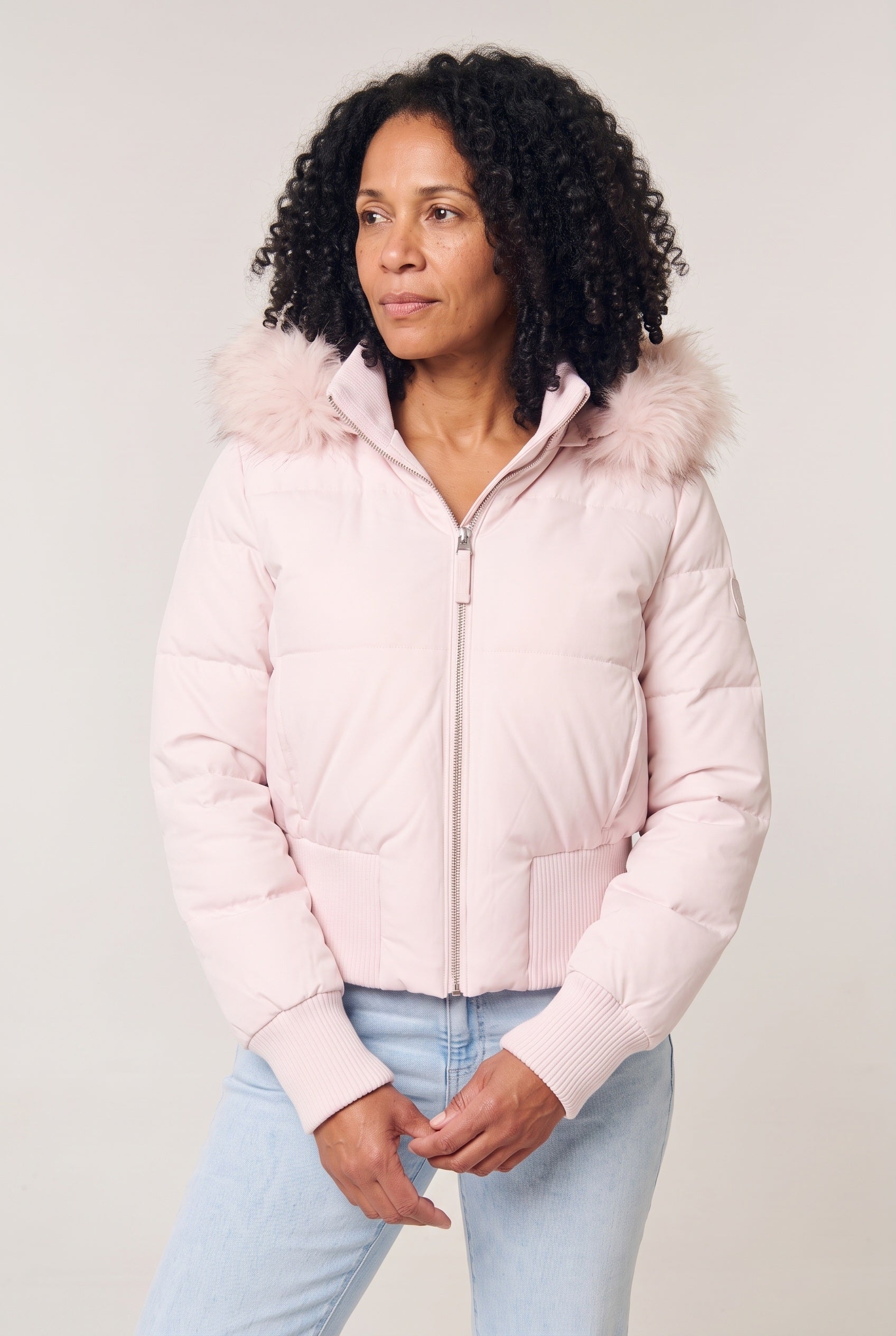 Women's Cropped Puffer Jacket with Faux Fur Hood and Zip Front