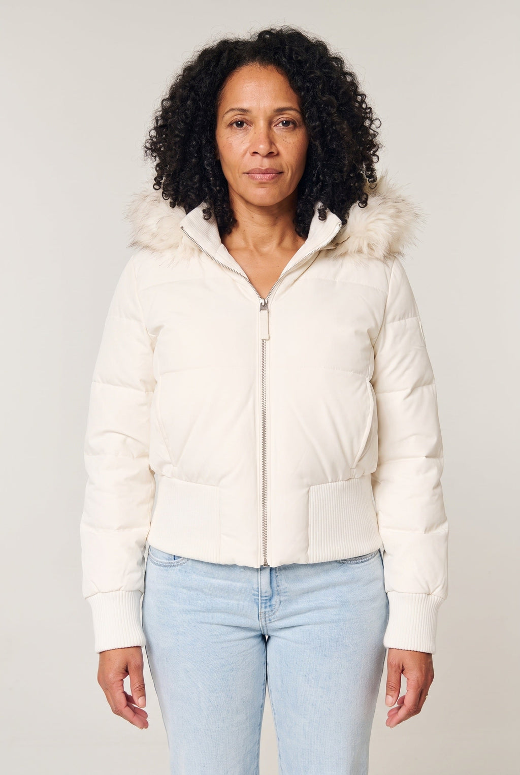 Women's Cropped Puffer Jacket with Faux Fur Hood and Zip Front