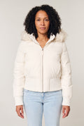 Women's Cropped Puffer Jacket with Faux Fur Hood and Zip Front