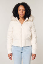 Women's Cropped Puffer Jacket with Faux Fur Hood and Zip Front