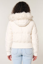 Women's Cropped Puffer Jacket with Faux Fur Hood and Zip Front