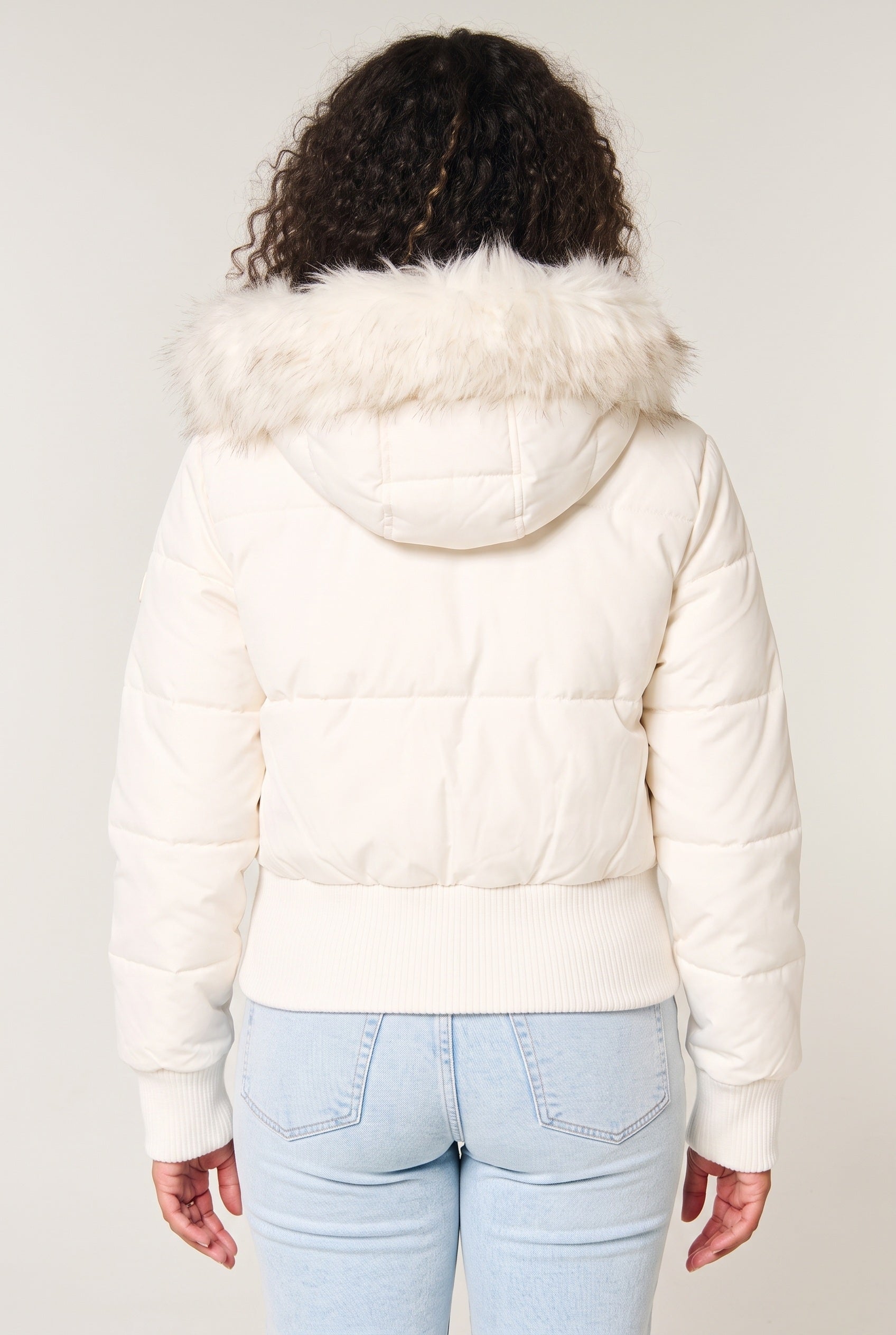 Women's Cropped Puffer Jacket with Faux Fur Hood and Zip Front