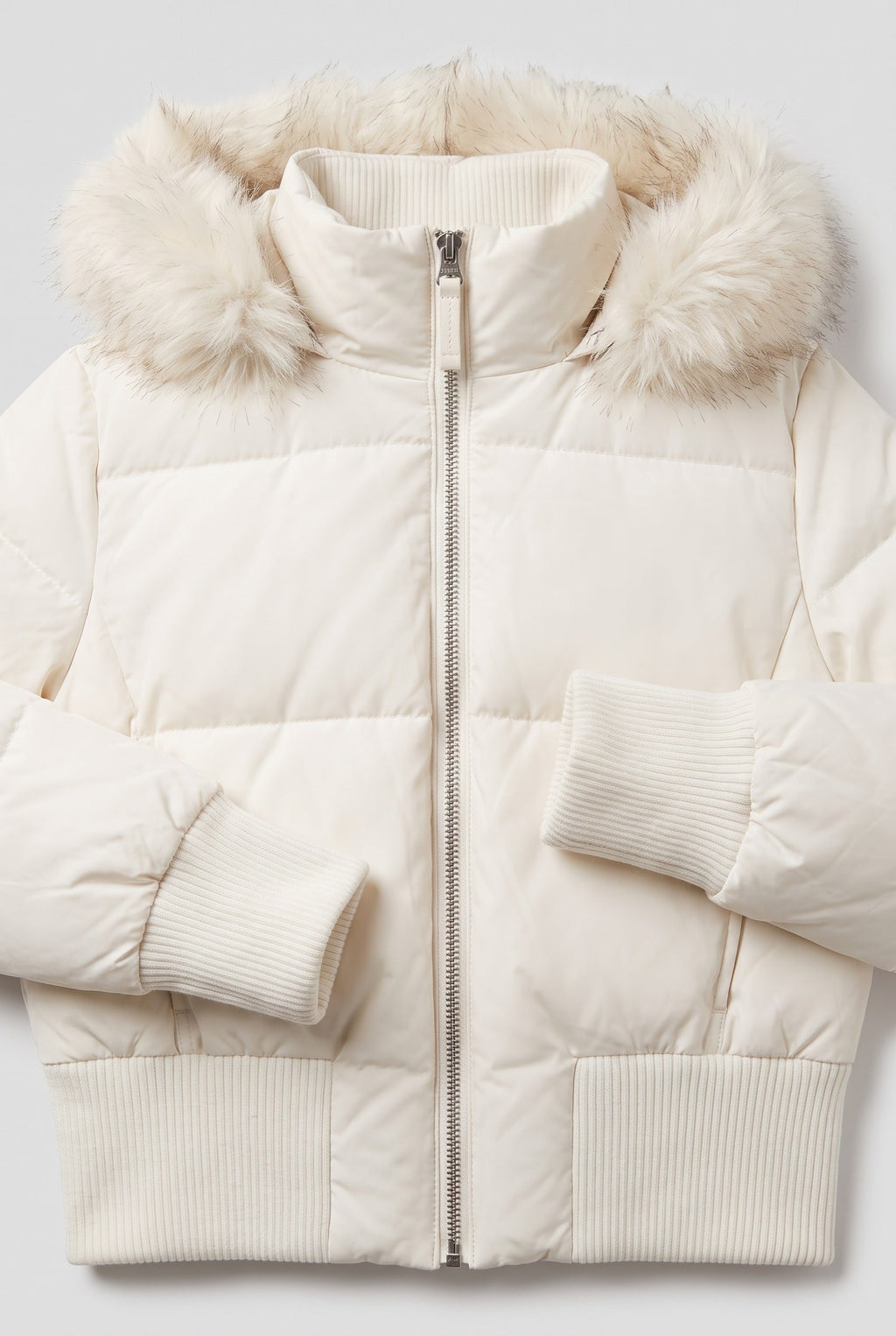 Women's Cropped Puffer Jacket with Faux Fur Hood and Zip Front