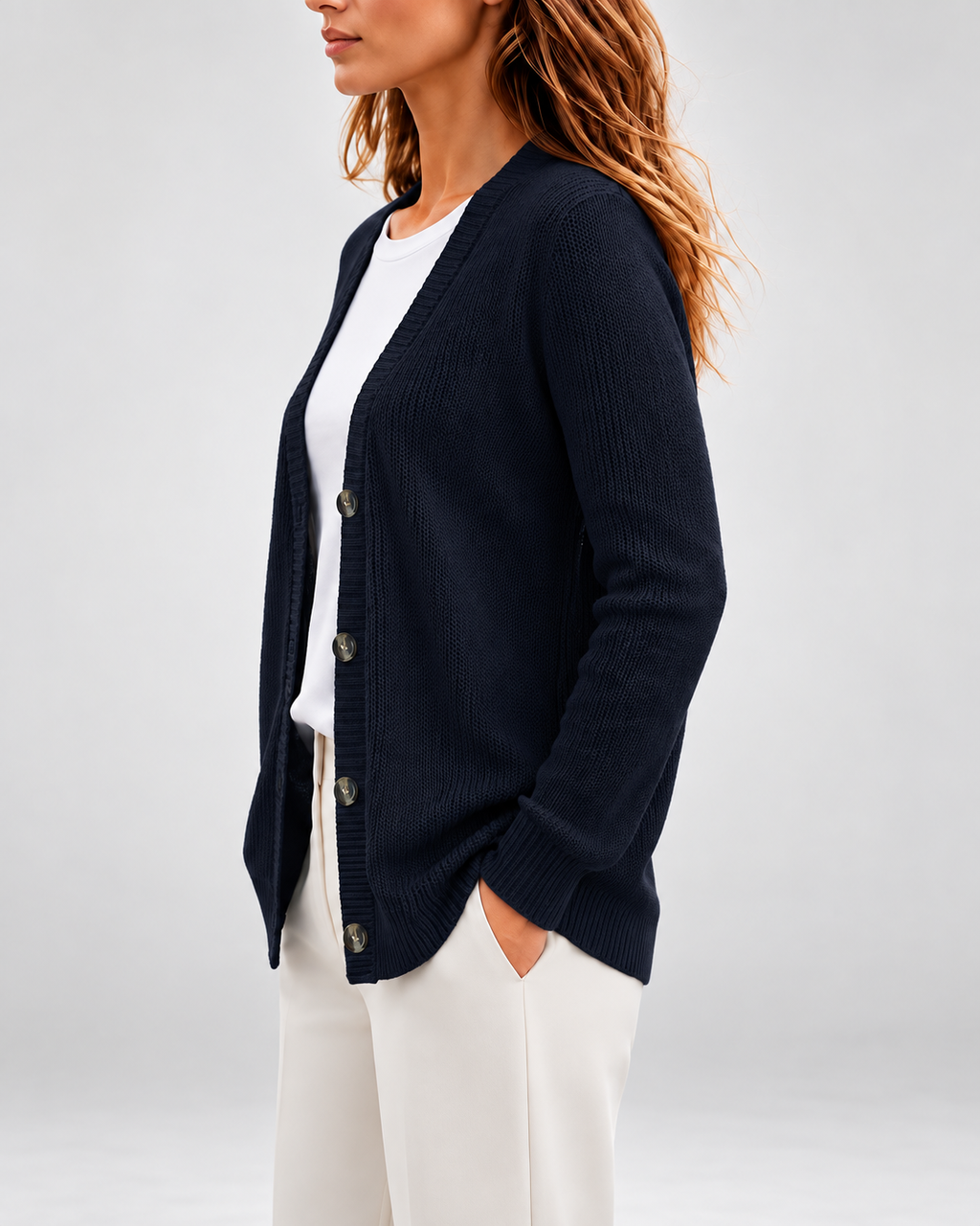 Women's Chunky Ribbed Knit Cardigan with Deep V Neck and Button Front
