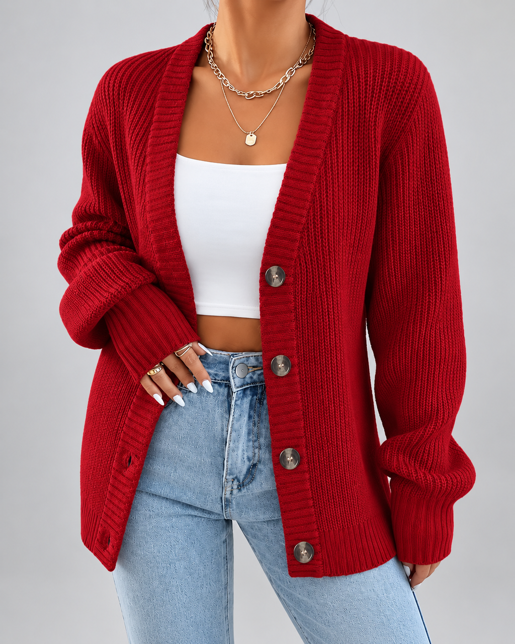 Women's Chunky Ribbed Knit Cardigan with Deep V Neck and Button Front