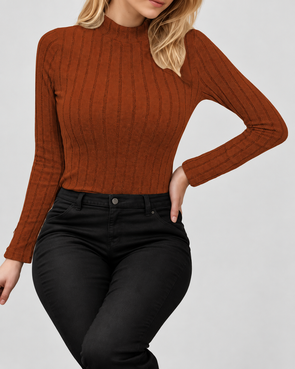 Women's Long Sleeve Ribbed Knit Top with Mock Neck