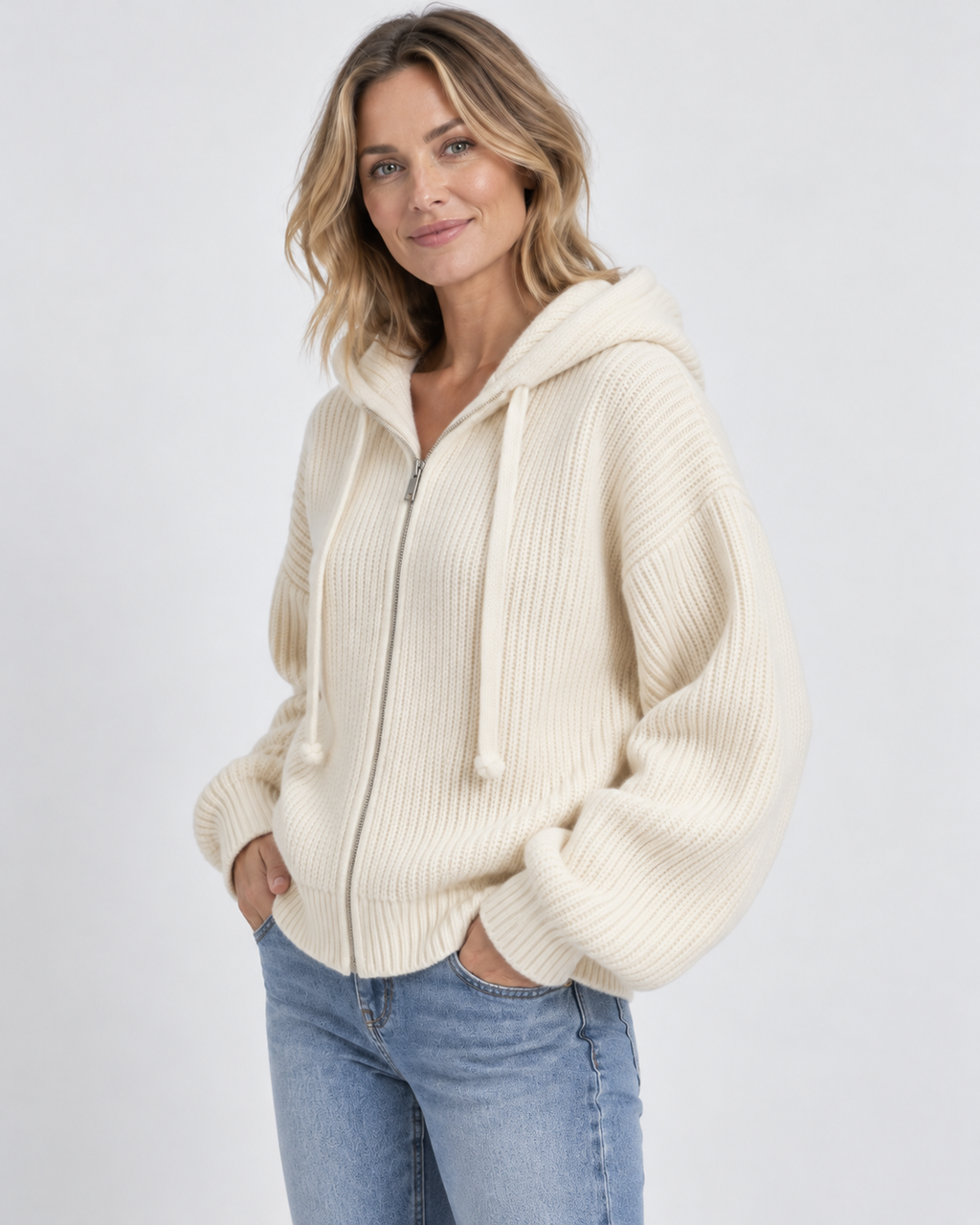 Women's Cropped Oversized Chunky Ribbed Knit Zip-Up Hoodie