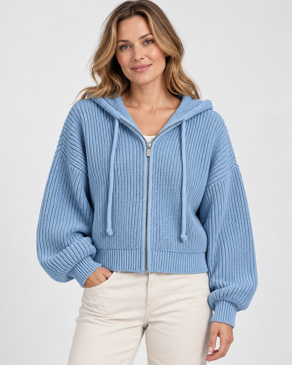 Women's Cropped Oversized Chunky Ribbed Knit Zip-Up Hoodie
