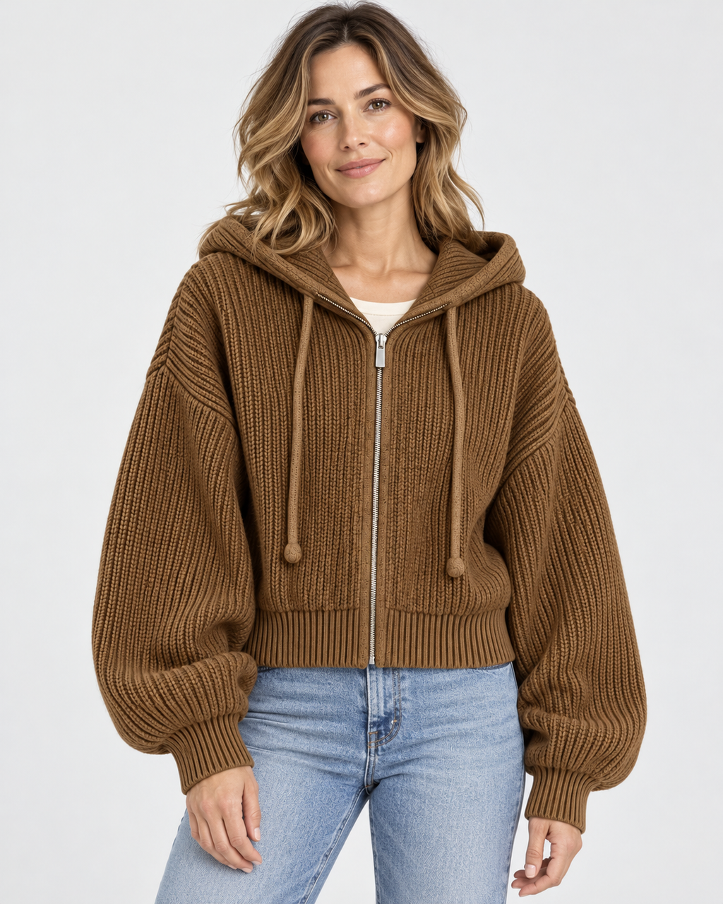 Women's Cropped Oversized Chunky Ribbed Knit Zip-Up Hoodie