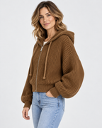 Women's Cropped Oversized Chunky Ribbed Knit Zip-Up Hoodie