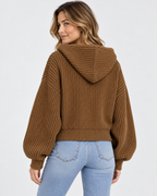 Women's Cropped Oversized Chunky Ribbed Knit Zip-Up Hoodie