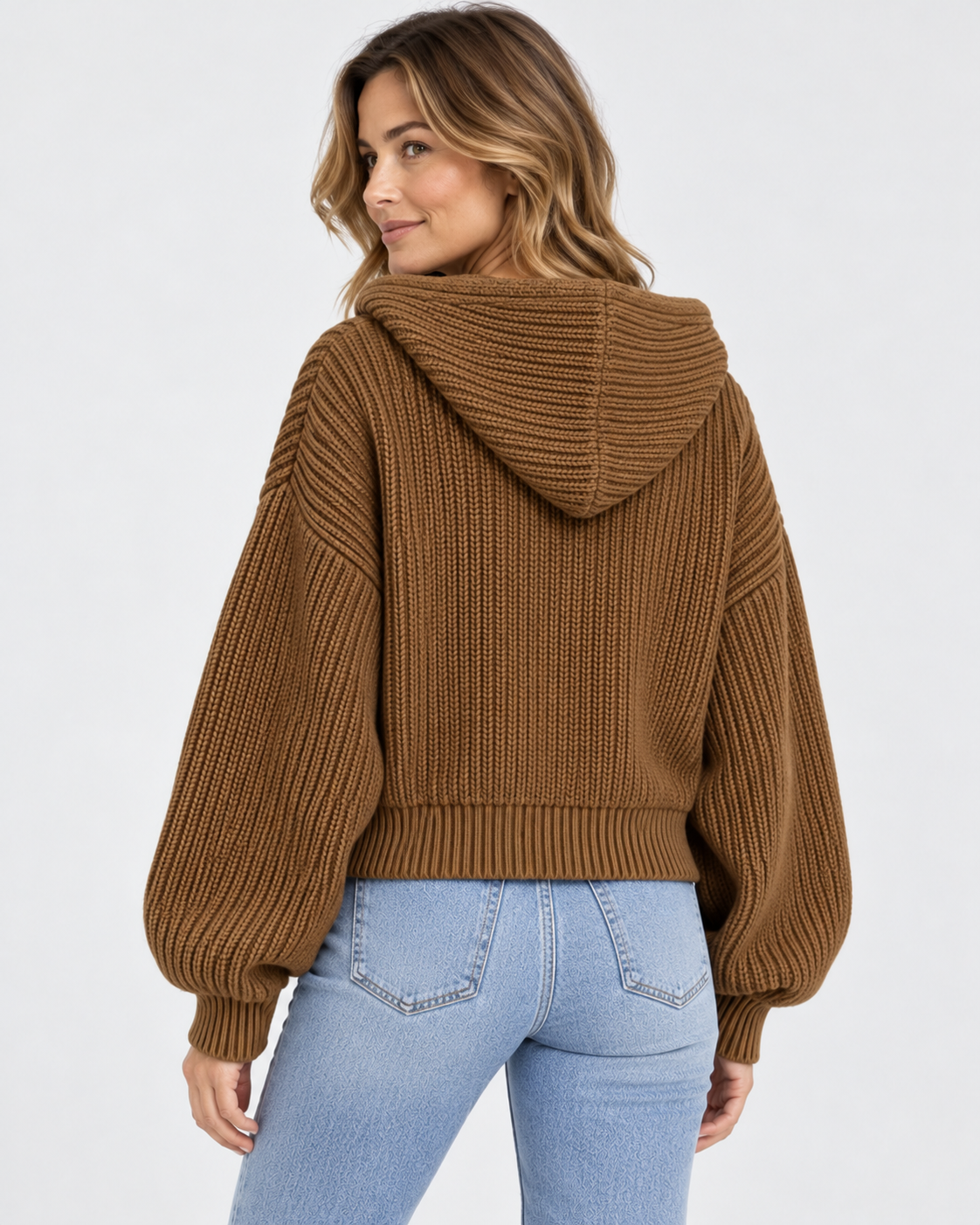 Women's Cropped Oversized Chunky Ribbed Knit Zip-Up Hoodie