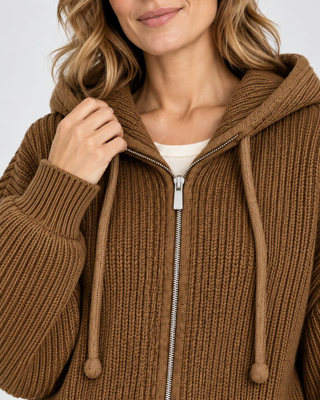 Women's Cropped Oversized Chunky Ribbed Knit Zip-Up Hoodie