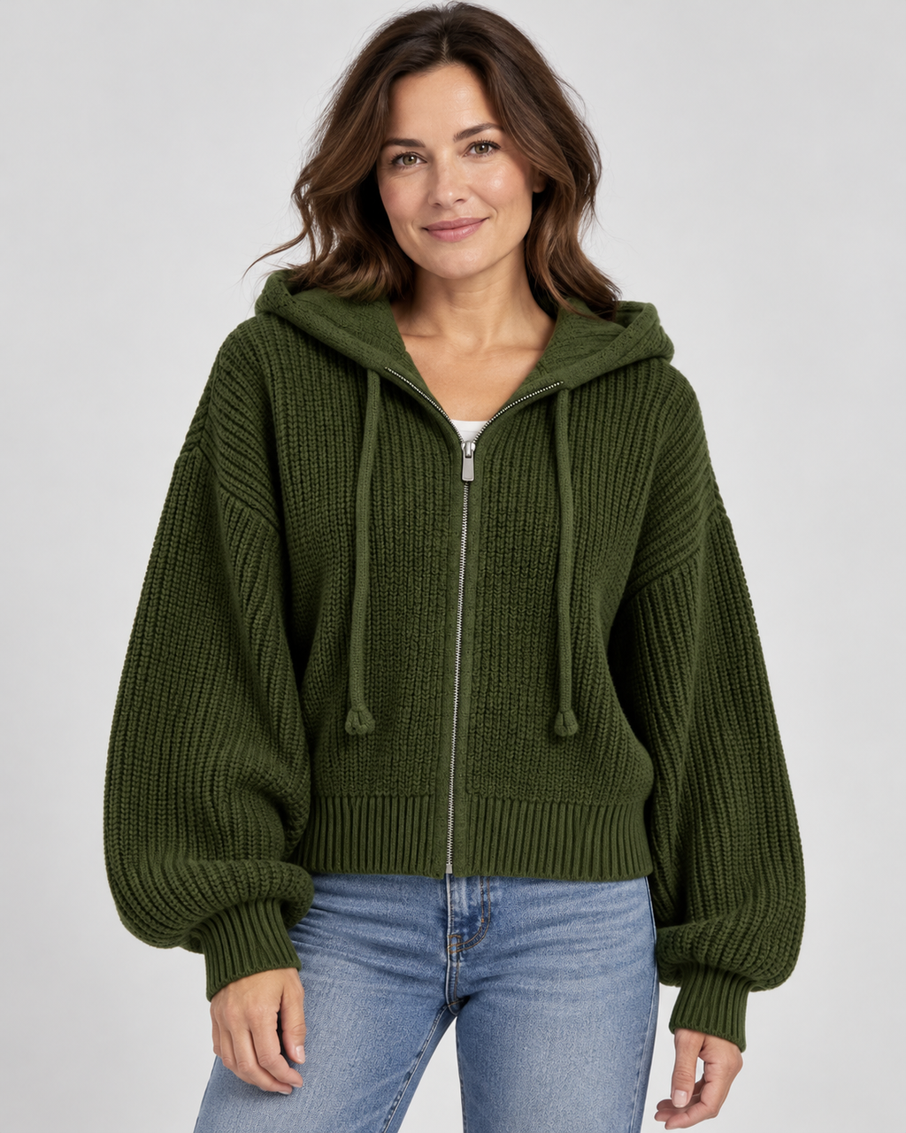 Women's Cropped Oversized Chunky Ribbed Knit Zip-Up Hoodie