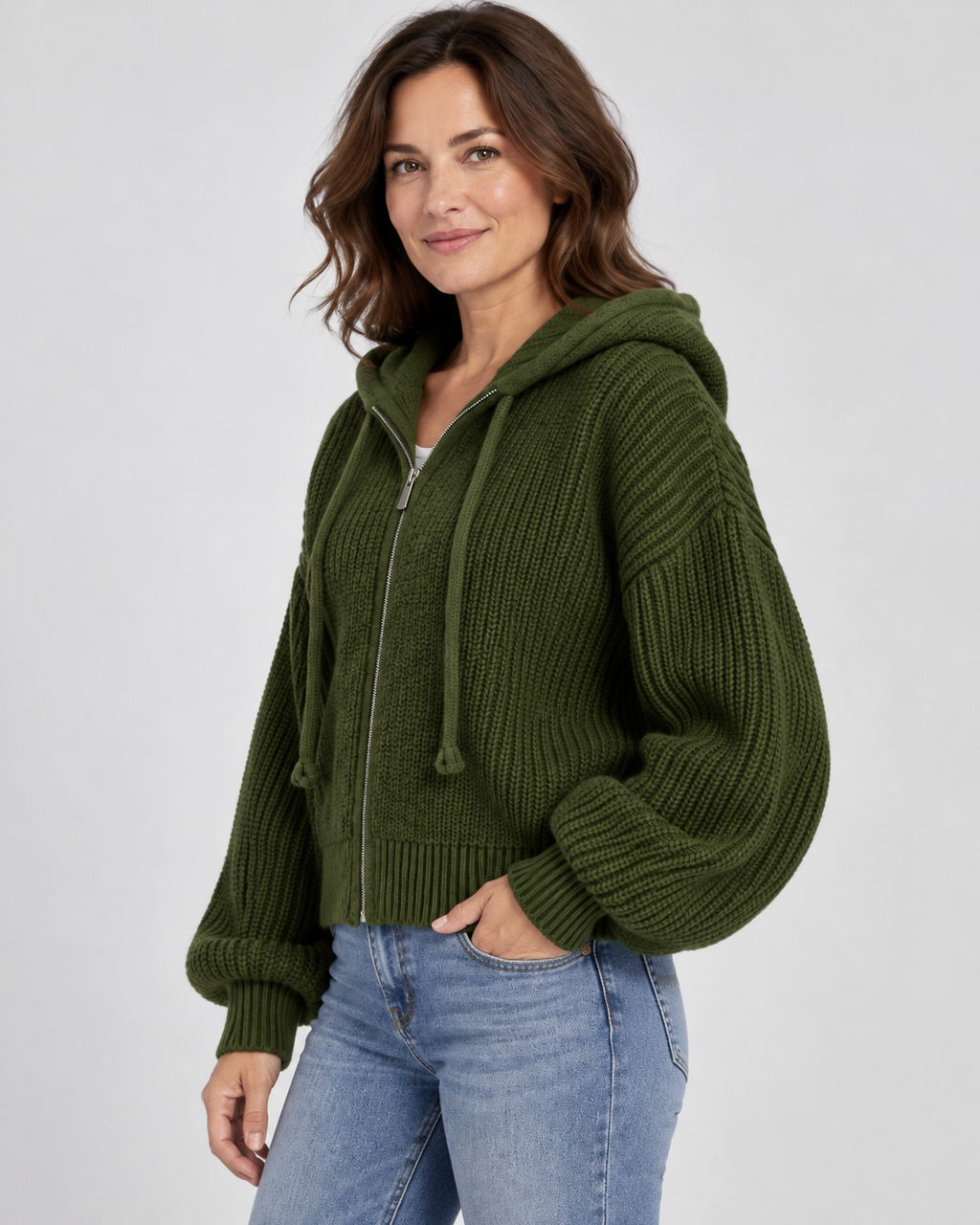 Women's Cropped Oversized Chunky Ribbed Knit Zip-Up Hoodie