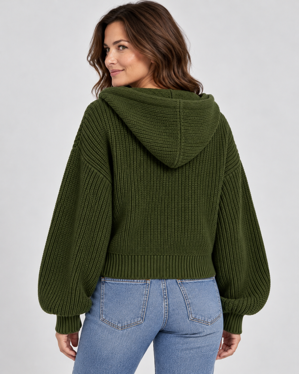 Women's Cropped Oversized Chunky Ribbed Knit Zip-Up Hoodie