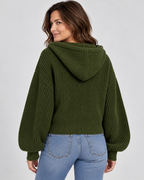 Women's Cropped Oversized Chunky Ribbed Knit Zip-Up Hoodie