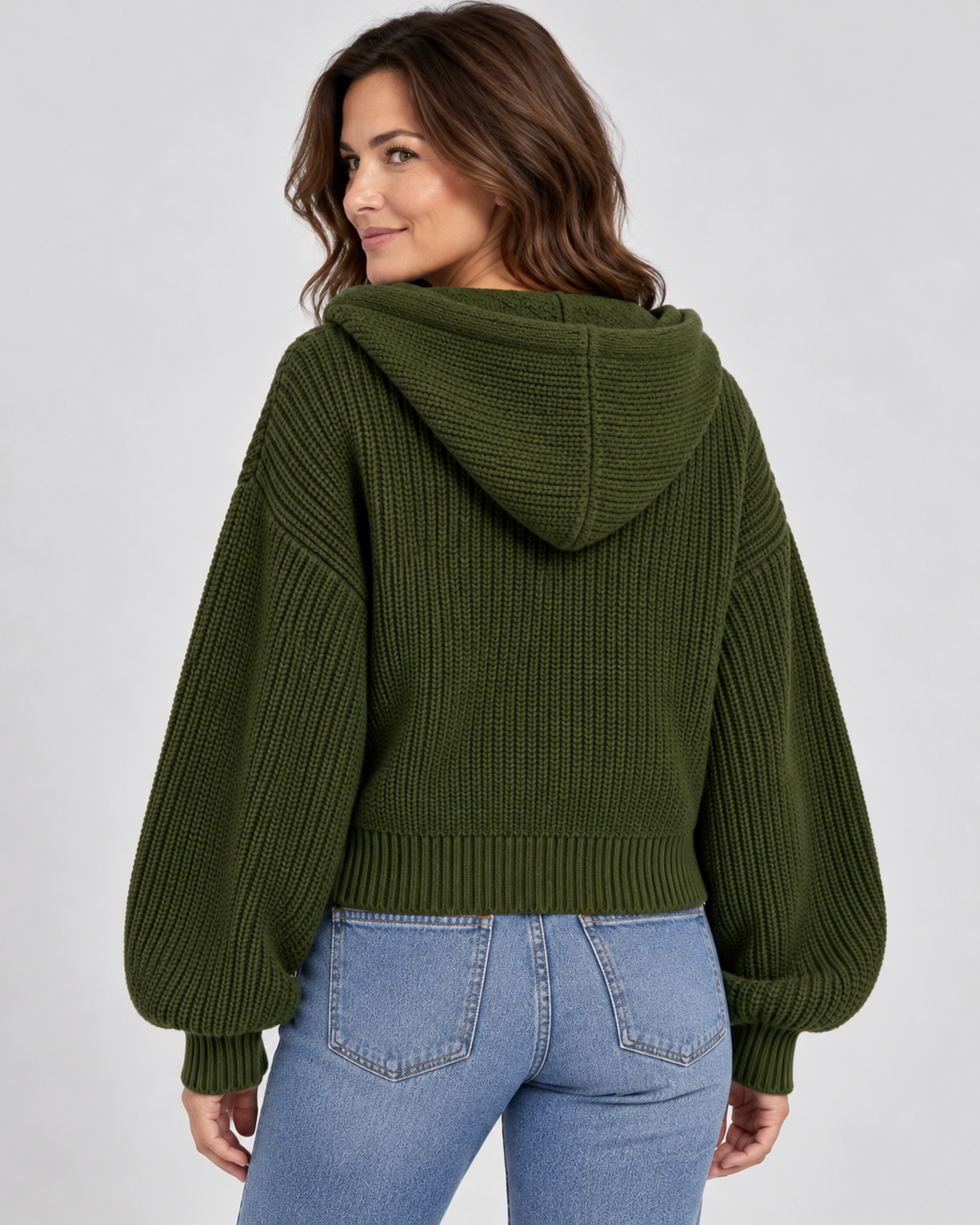 Women's Cropped Oversized Chunky Ribbed Knit Zip-Up Hoodie