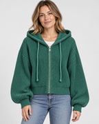 Women's Cropped Oversized Chunky Ribbed Knit Zip-Up Hoodie