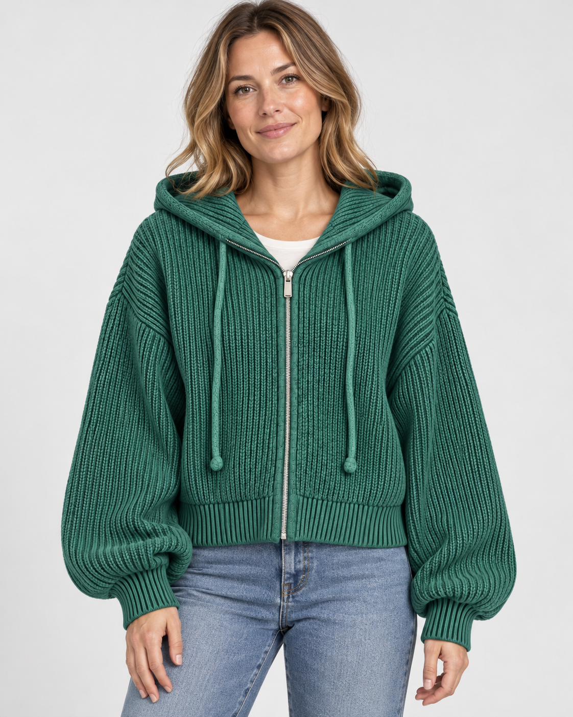 Women's Cropped Oversized Chunky Ribbed Knit Zip-Up Hoodie