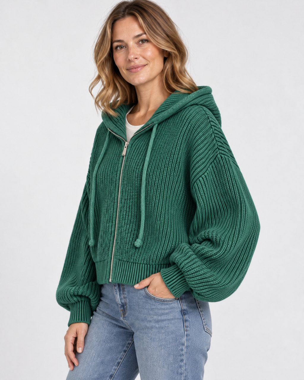Women's Cropped Oversized Chunky Ribbed Knit Zip-Up Hoodie