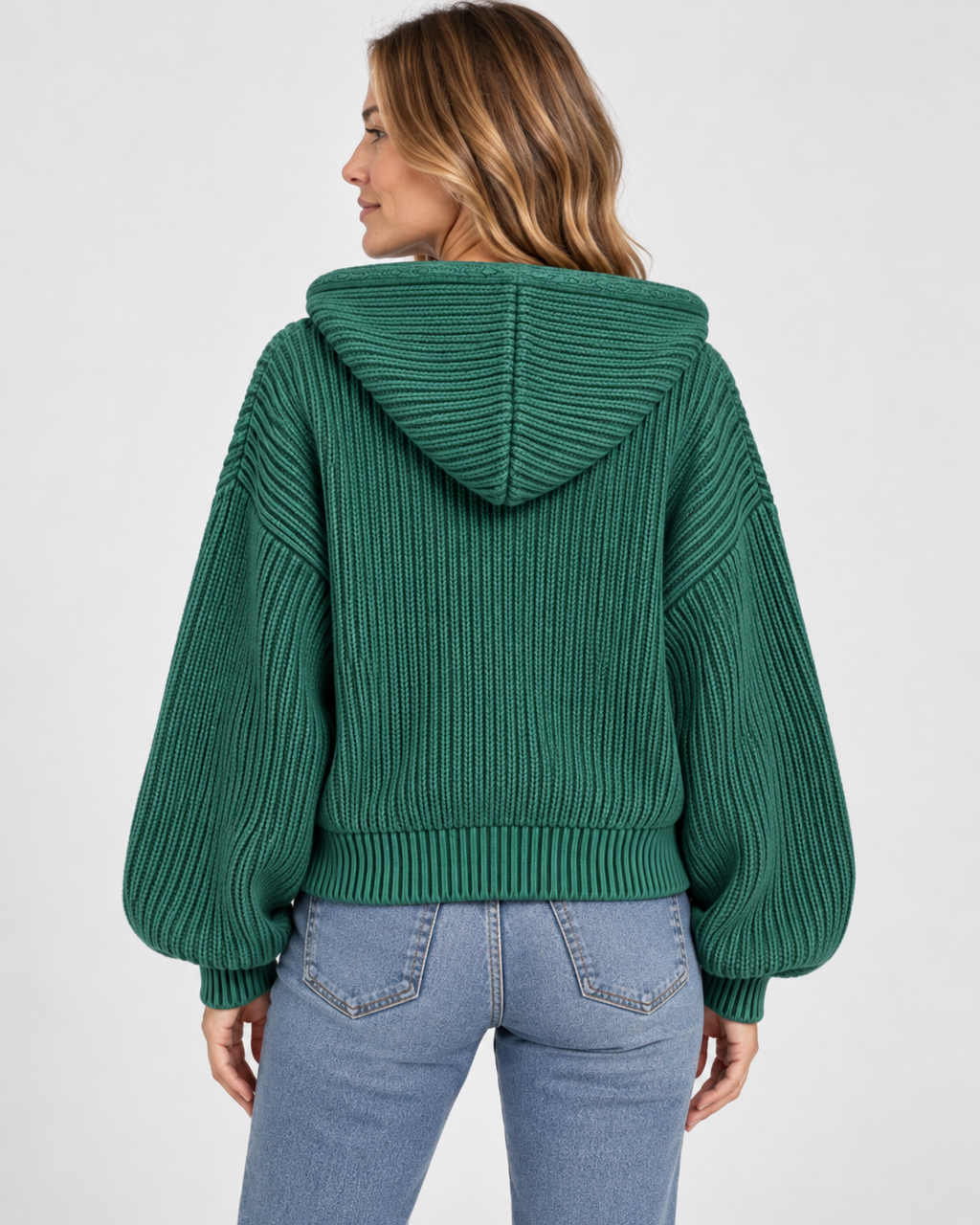 Women's Cropped Oversized Chunky Ribbed Knit Zip-Up Hoodie