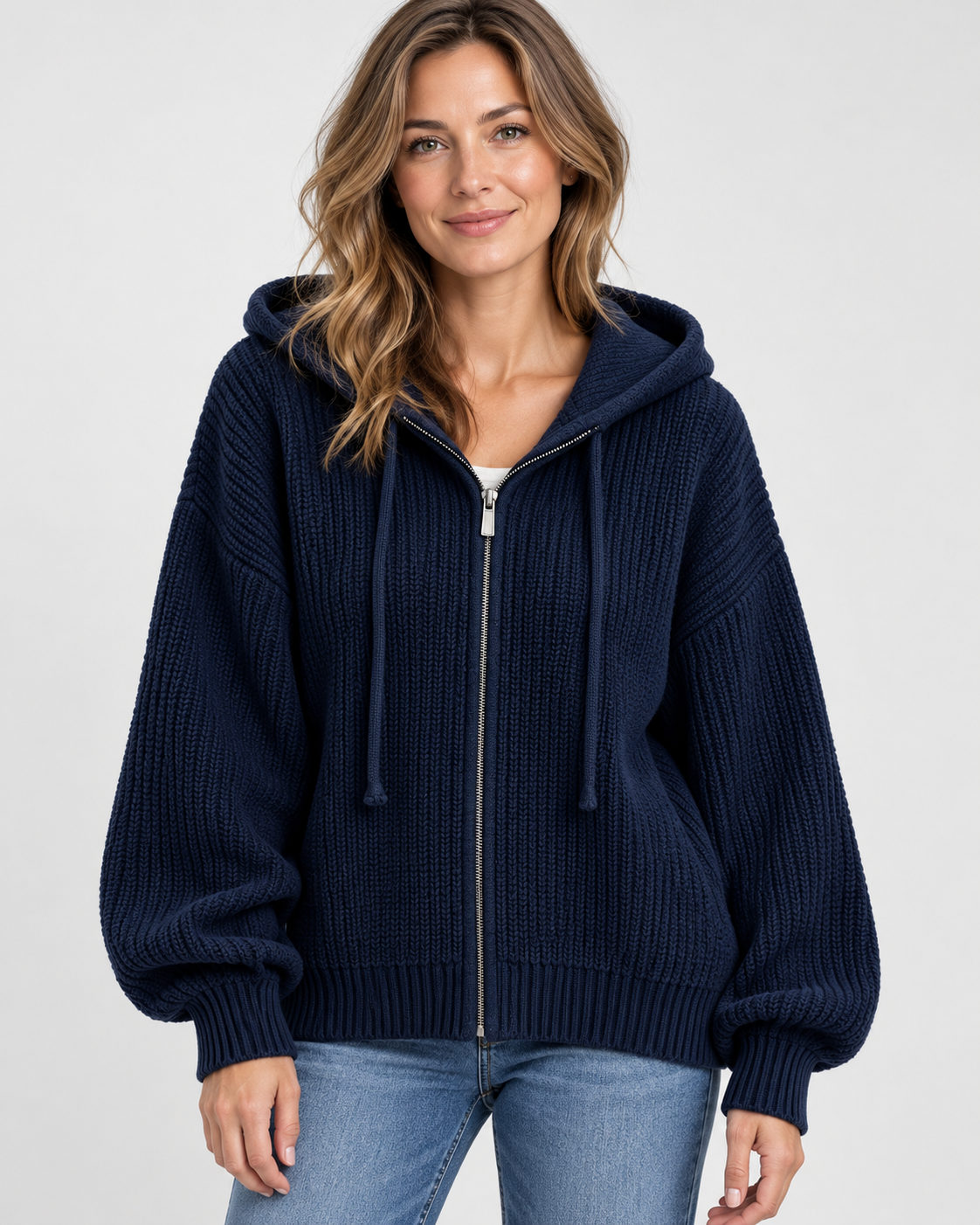 Women's Cropped Oversized Chunky Ribbed Knit Zip-Up Hoodie