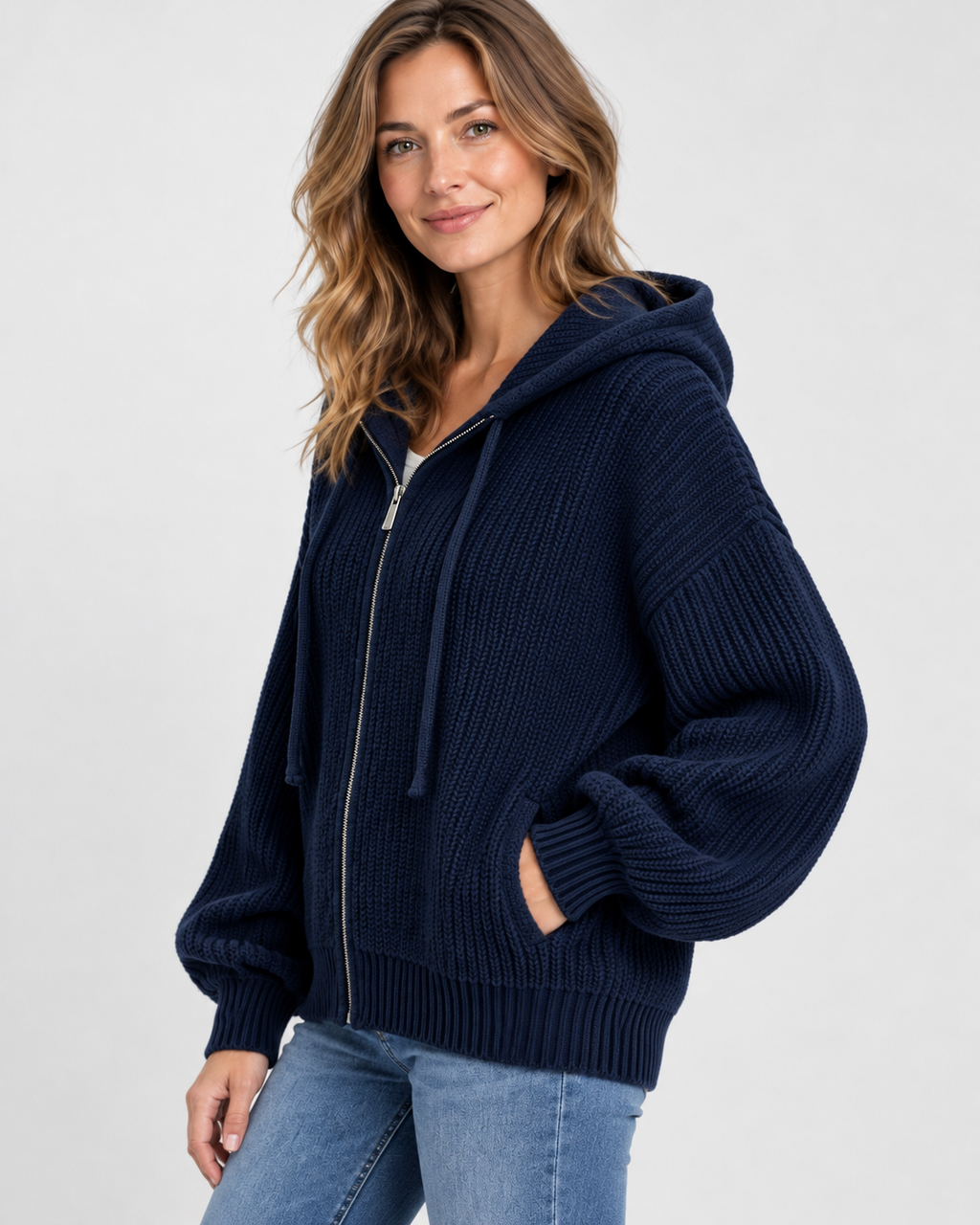 Women's Cropped Oversized Chunky Ribbed Knit Zip-Up Hoodie