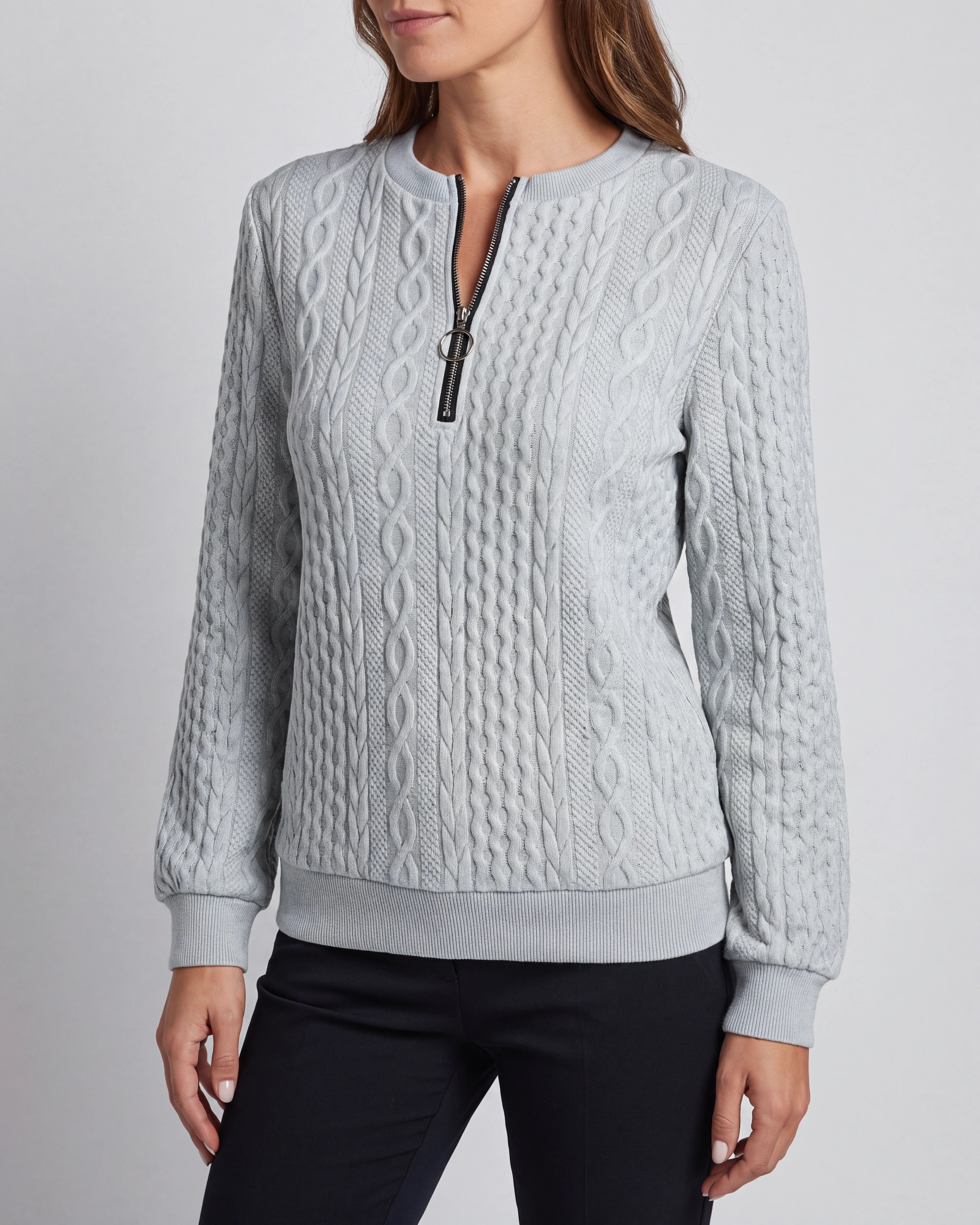 Women's Cable Knit Crew Neck Half Zip Ring Pull Jumper