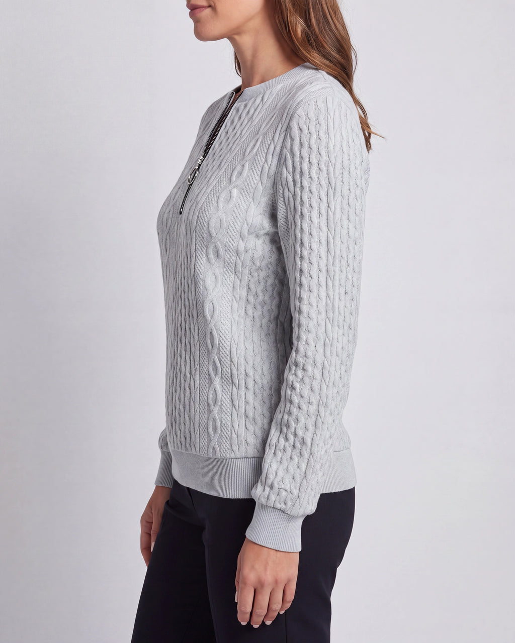 Women's Cable Knit Crew Neck Half Zip Ring Pull Jumper