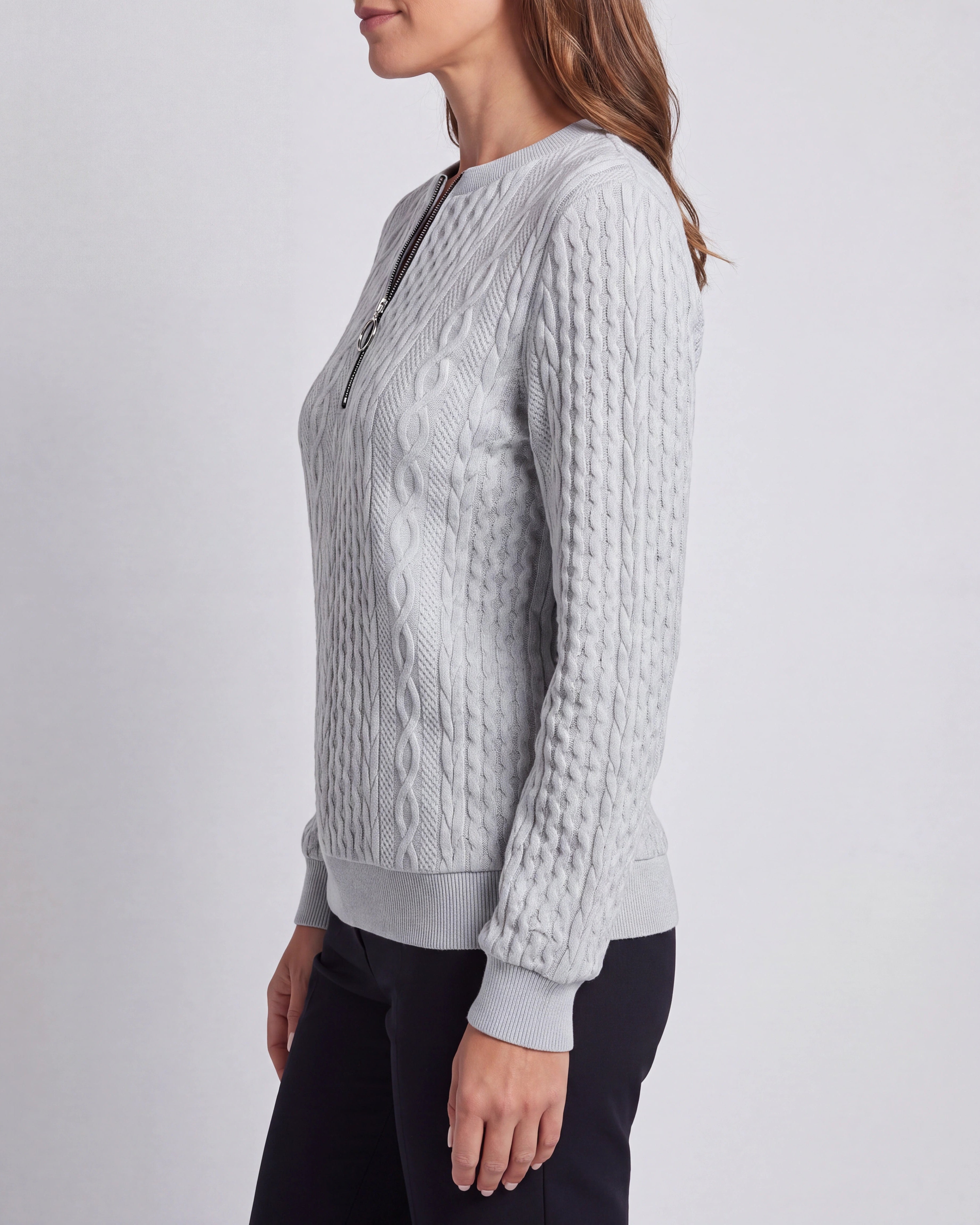 Women's Cable Knit Crew Neck Half Zip Ring Pull Jumper