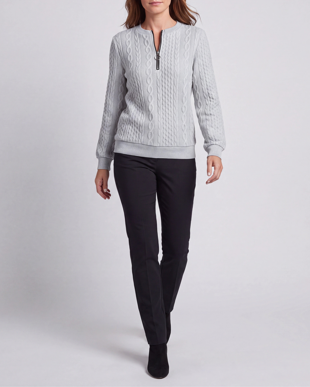 Women's Cable Knit Crew Neck Half Zip Ring Pull Jumper