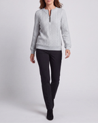 Women's Cable Knit Crew Neck Half Zip Ring Pull Jumper