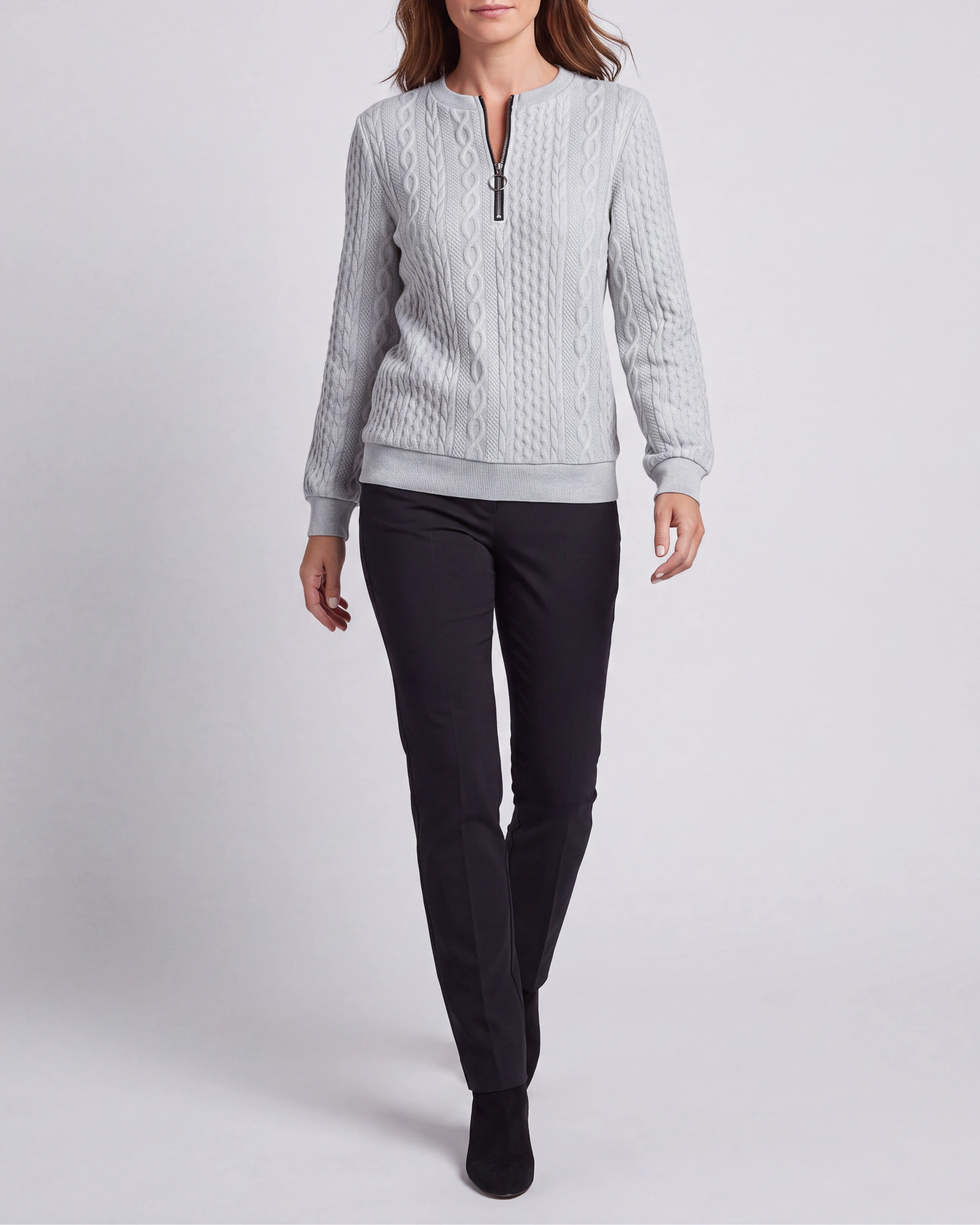 Women's Cable Knit Crew Neck Half Zip Ring Pull Jumper