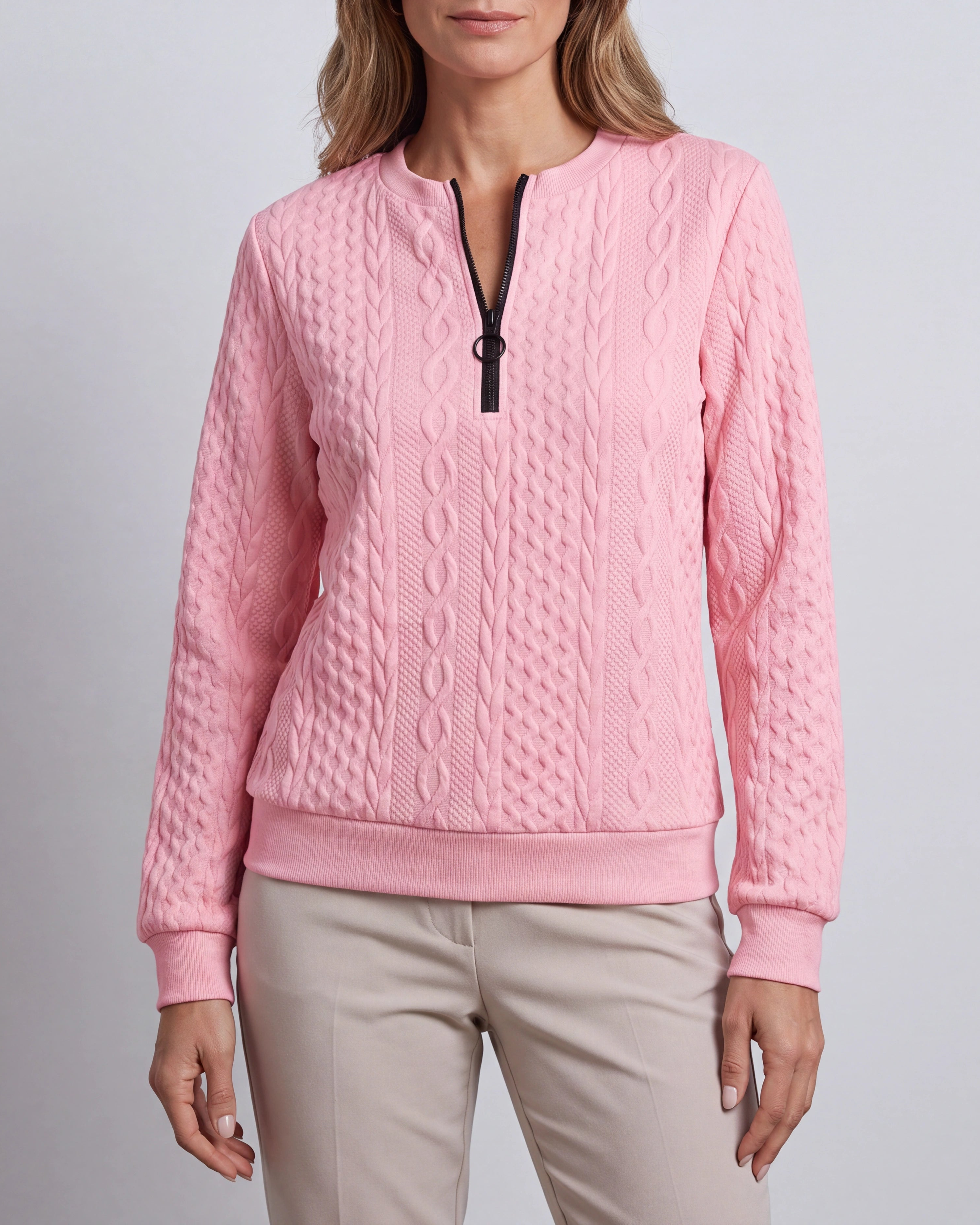 Women's Cable Knit Crew Neck Half Zip Ring Pull Jumper