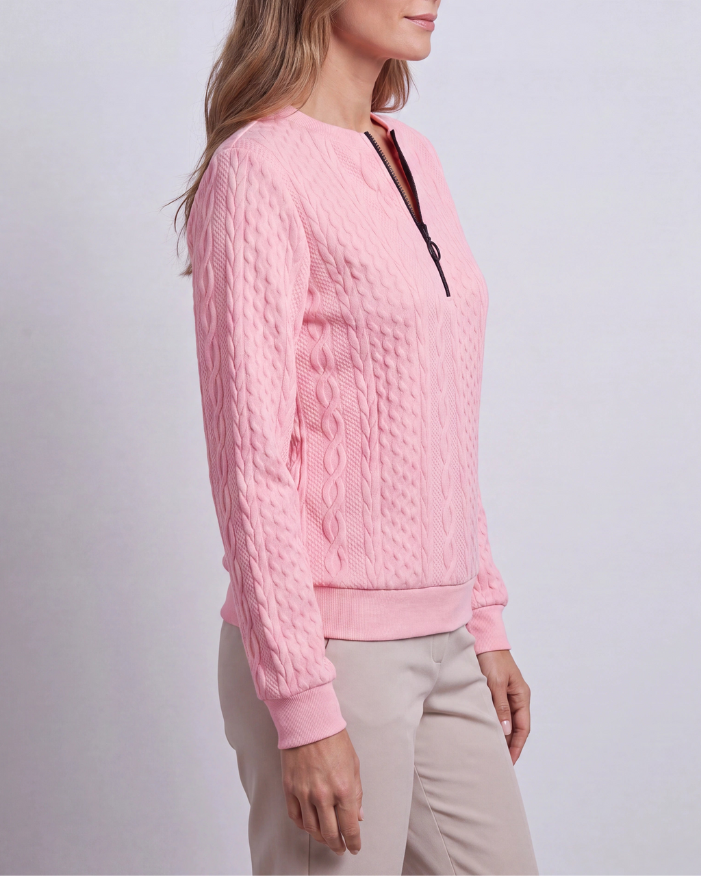 Women's Cable Knit Crew Neck Half Zip Ring Pull Jumper
