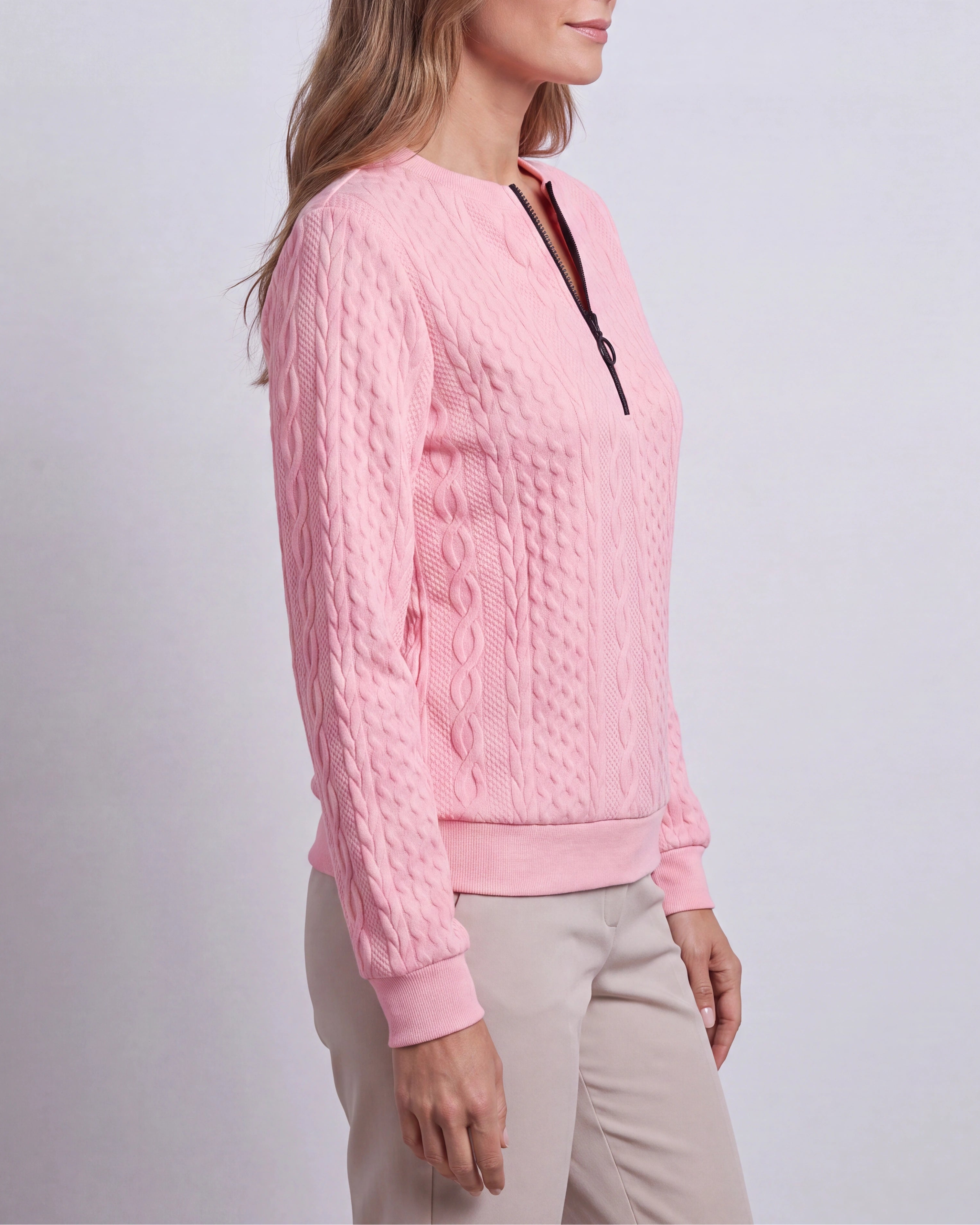 Women's Cable Knit Crew Neck Half Zip Ring Pull Jumper