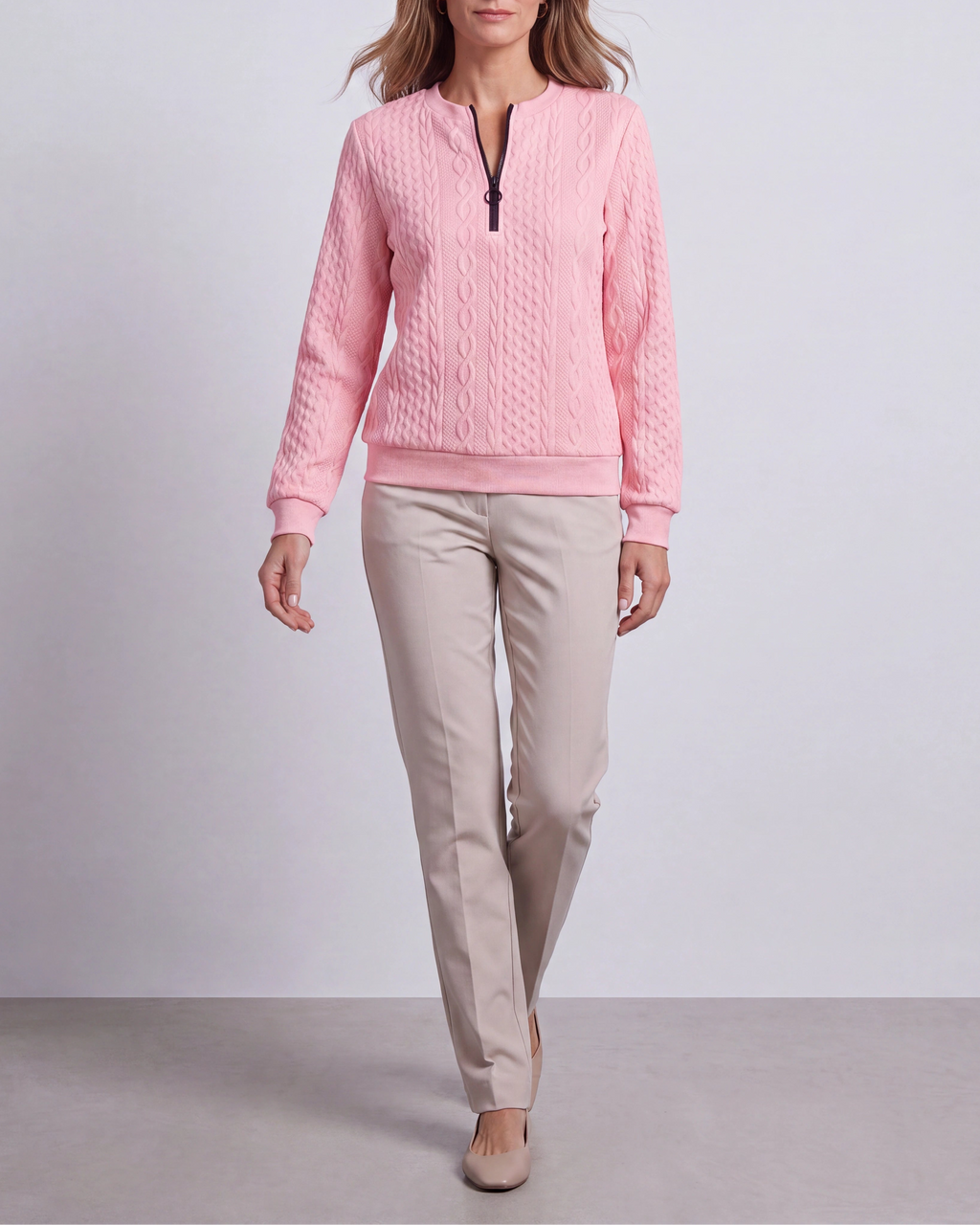 Women's Cable Knit Crew Neck Half Zip Ring Pull Jumper