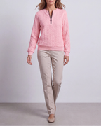 Women's Cable Knit Crew Neck Half Zip Ring Pull Jumper