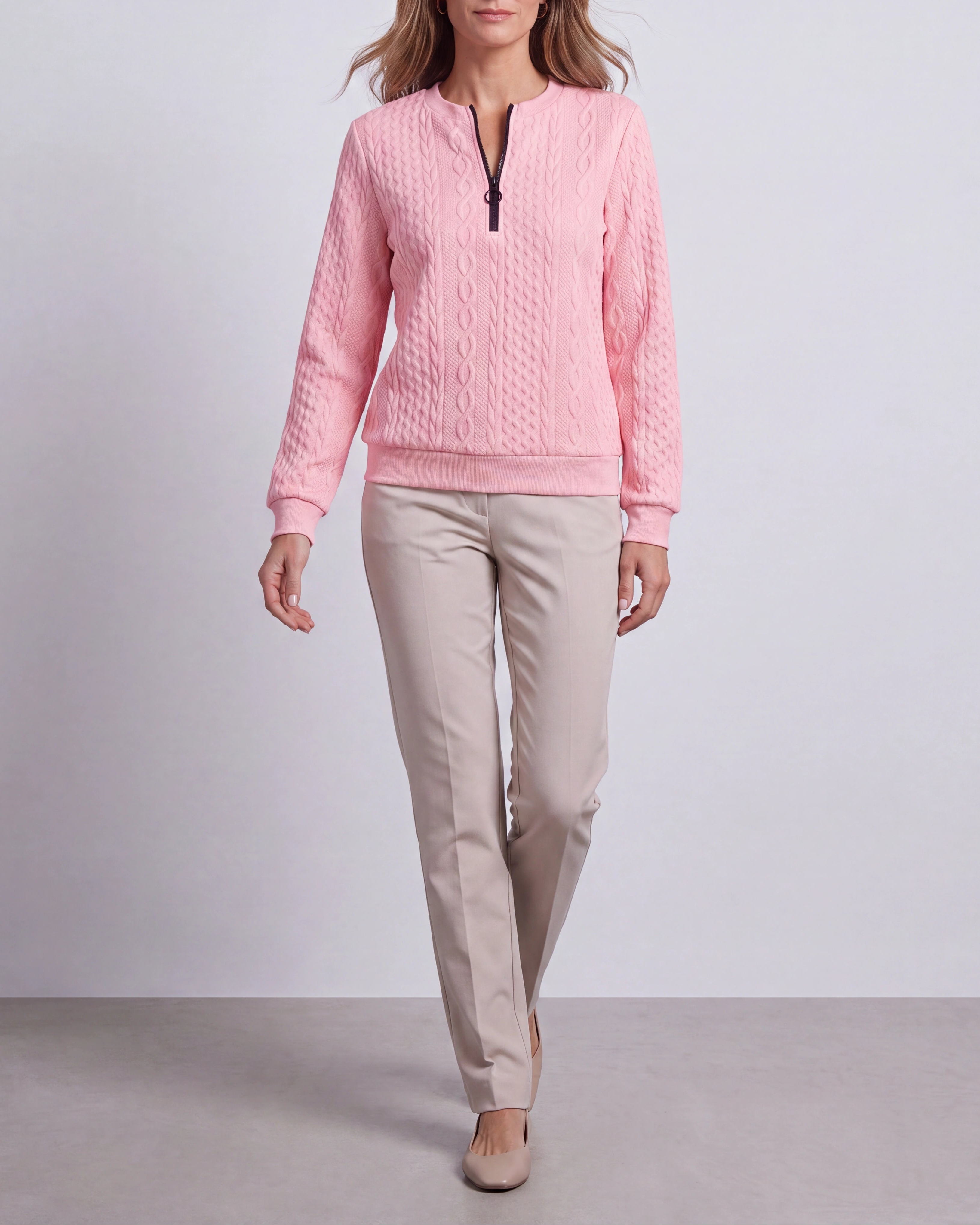 Women's Cable Knit Crew Neck Half Zip Ring Pull Jumper