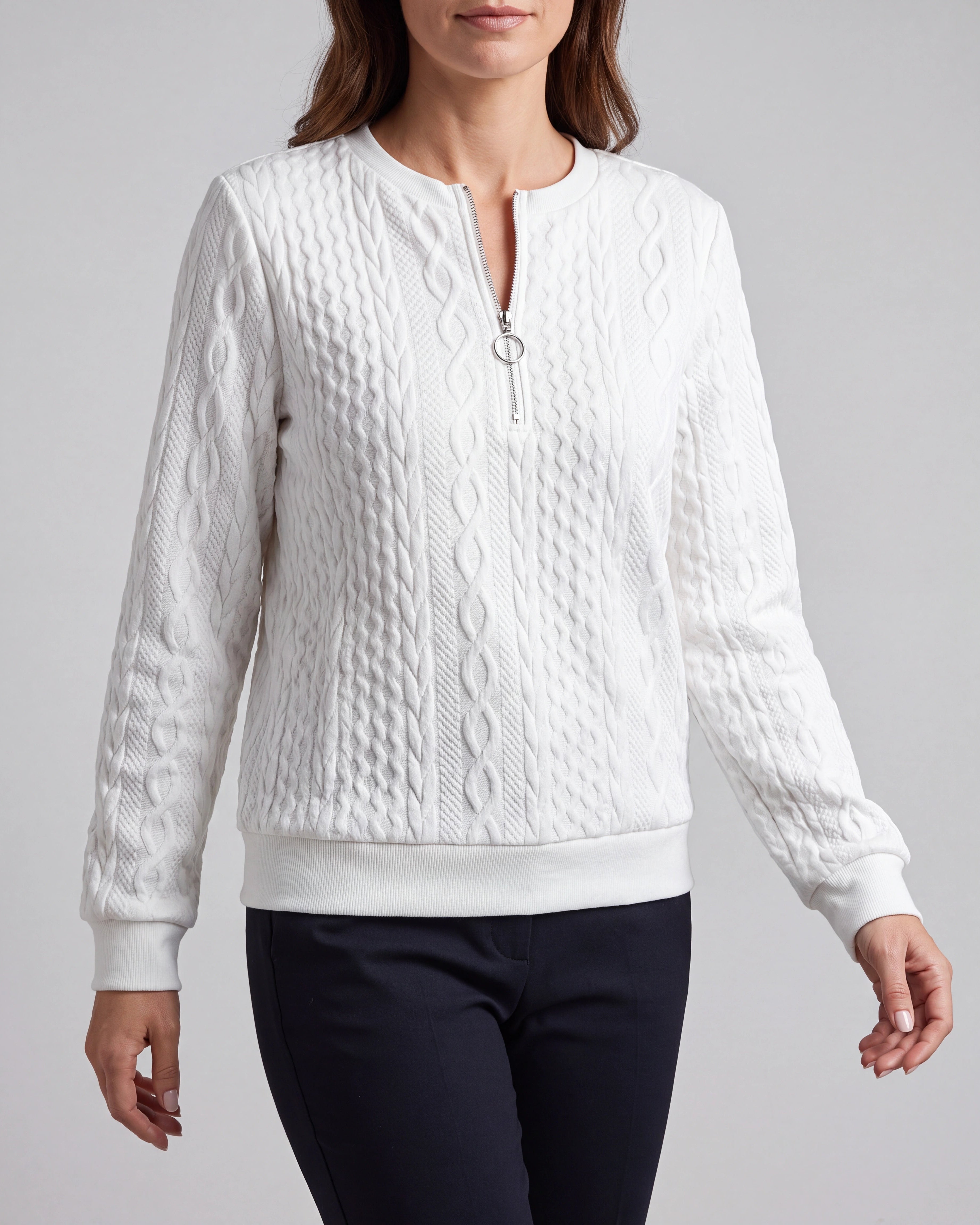 Women's Cable Knit Crew Neck Half Zip Ring Pull Jumper