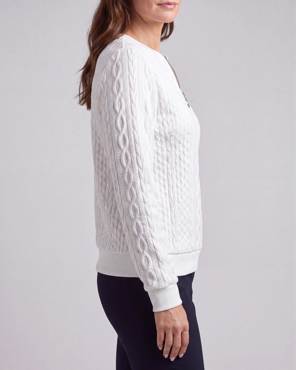 Women's Cable Knit Crew Neck Half Zip Ring Pull Jumper